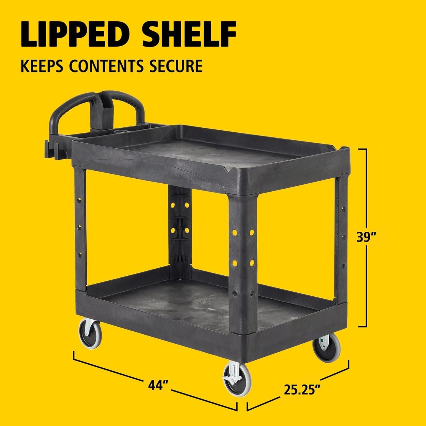 2-Shelf Utility/Service Cart, Medium, Black, Lipped Shelves, Warehouse/Garage/Cleaning