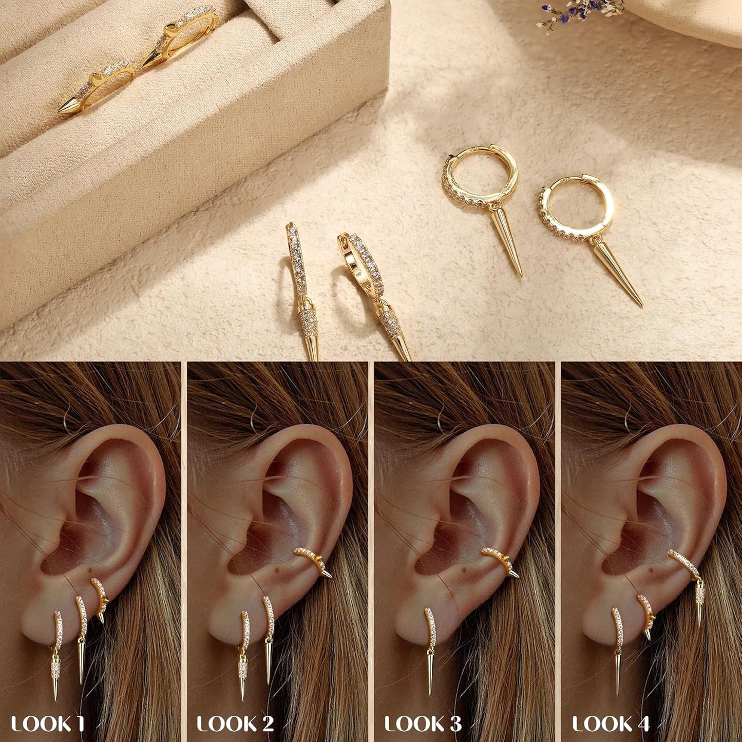 3Pairs 925 Sterling Silver, 14K Gold Plated Small Huggie Hoop Earrings Sets for Multiple Piercing CZ Cartilage Earrings Stacks