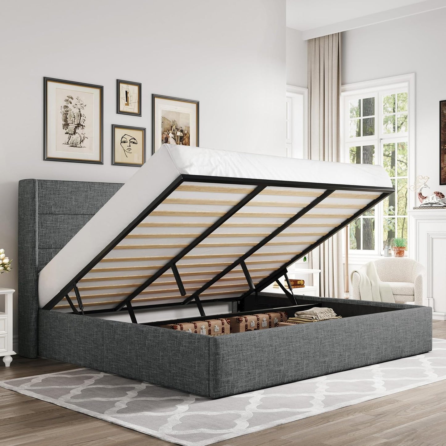 King Size Lift Up Storage Bed, Modern Wingback Headboard, Hydraulic Support, No Box Spring Needed