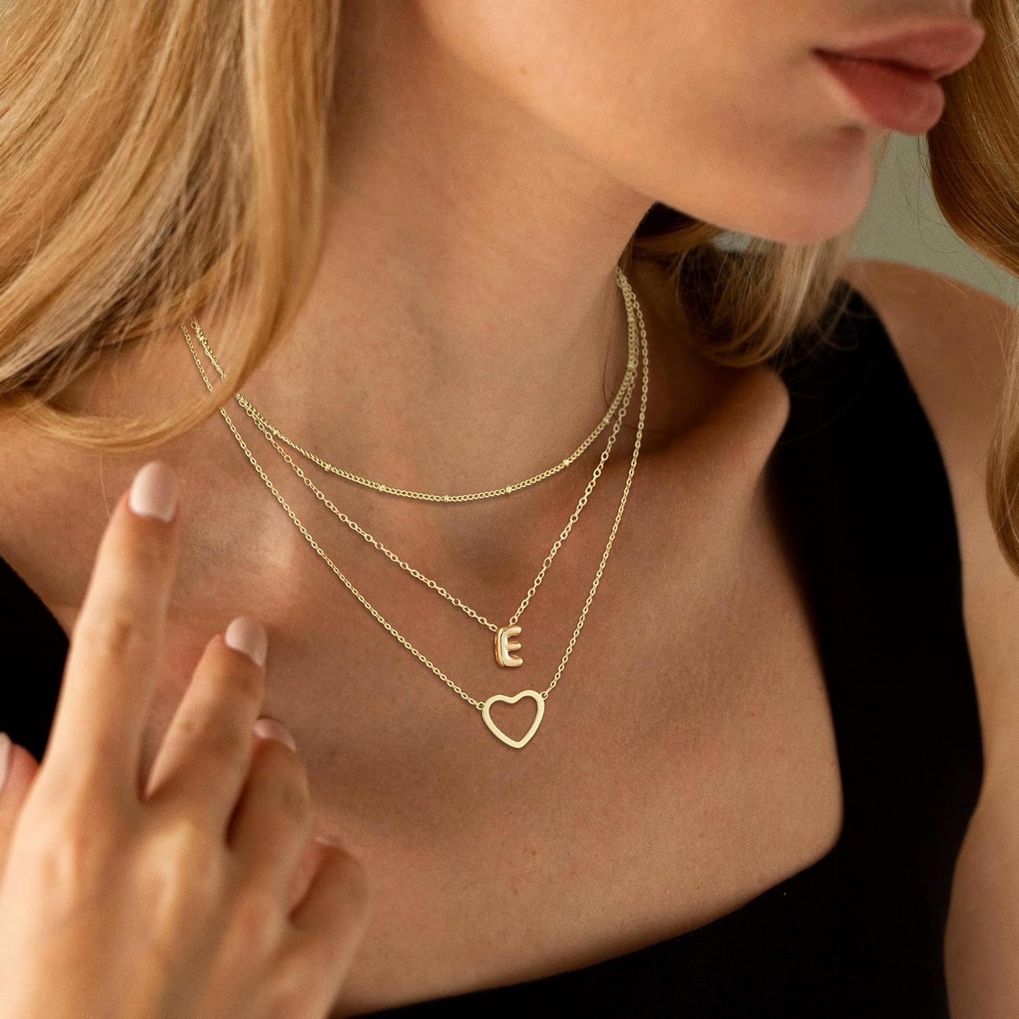 14K Gold Plated Initial Necklace, Layered Heart & A-Z Letter Personalized Gift for Women