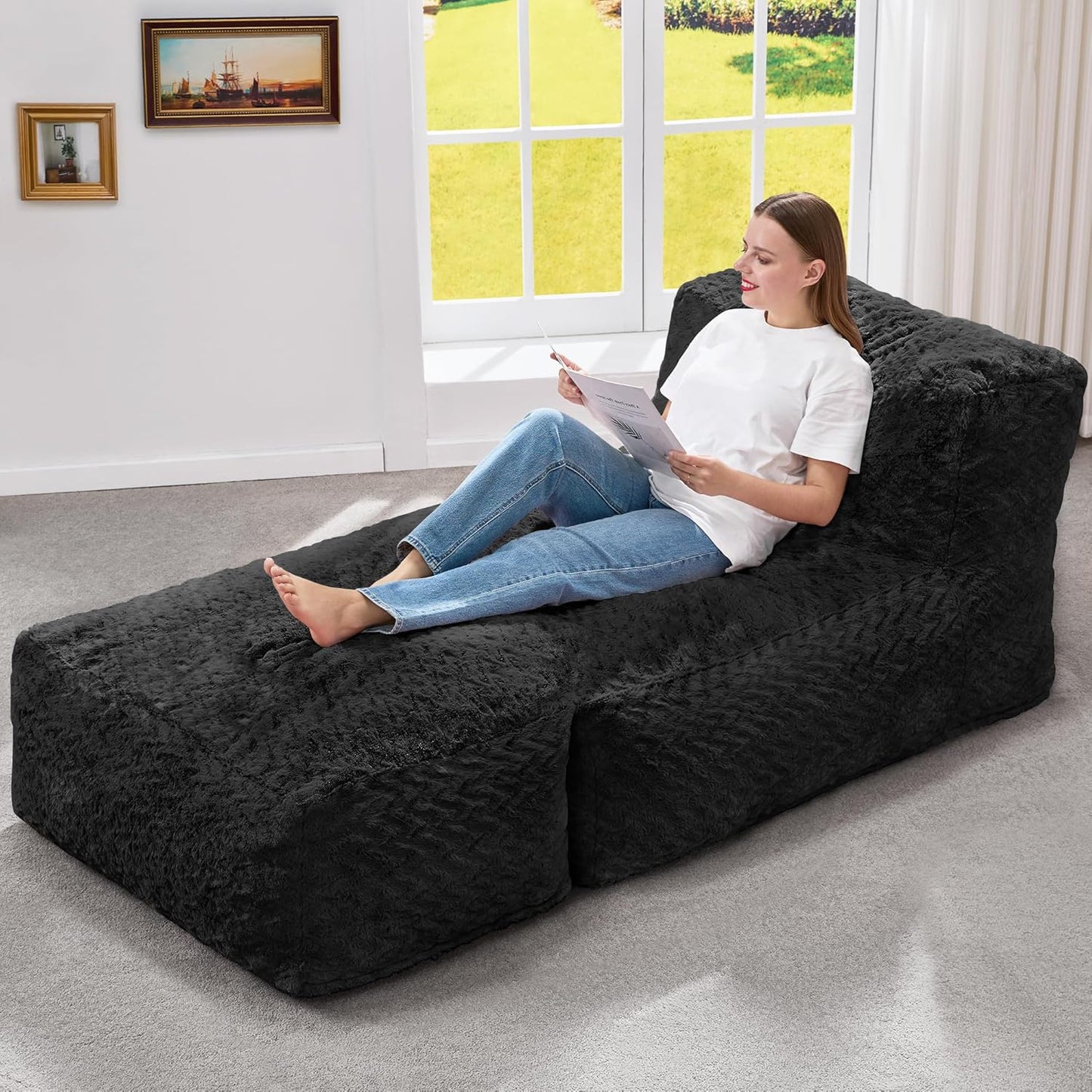 Large Bean Bag Lounger Chair with Memory Foam Filling - Comfortable Beanbag Sofa for Adults, Ideal Balcony