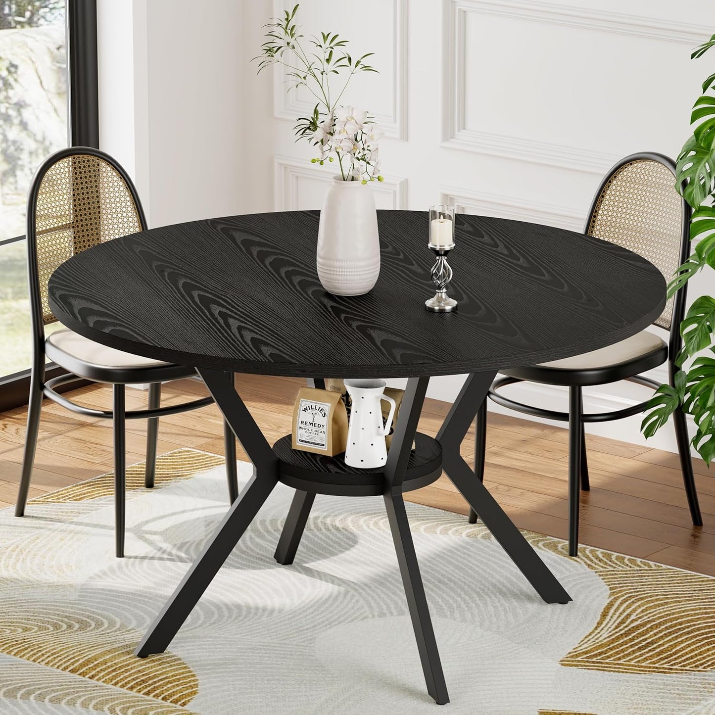 42" Round Dining Table for 4, Farmhouse Kitchen Table with Storage, Space Saving Circle Dinner Table
