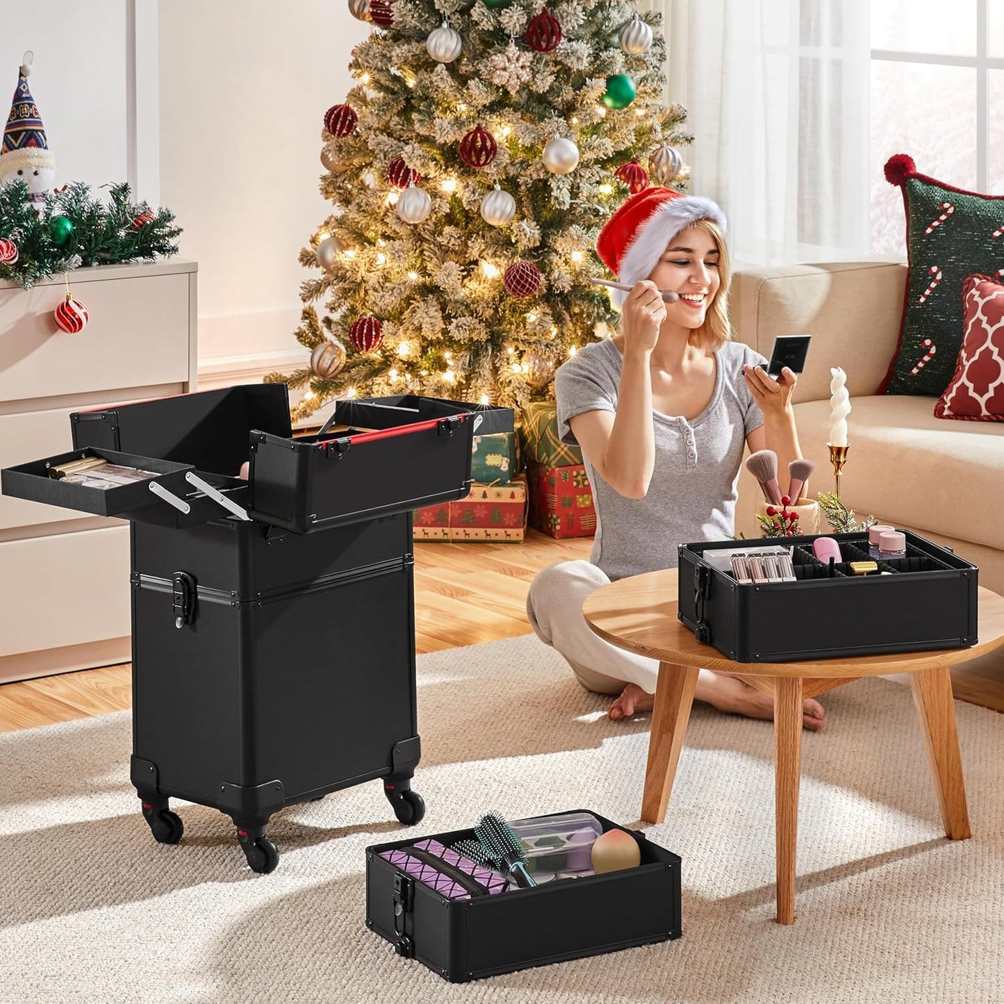 4 in 1 Professional Makeup  Case Aluminum Cosmetic Case Rolling Makeup Case Extra Large Trolley