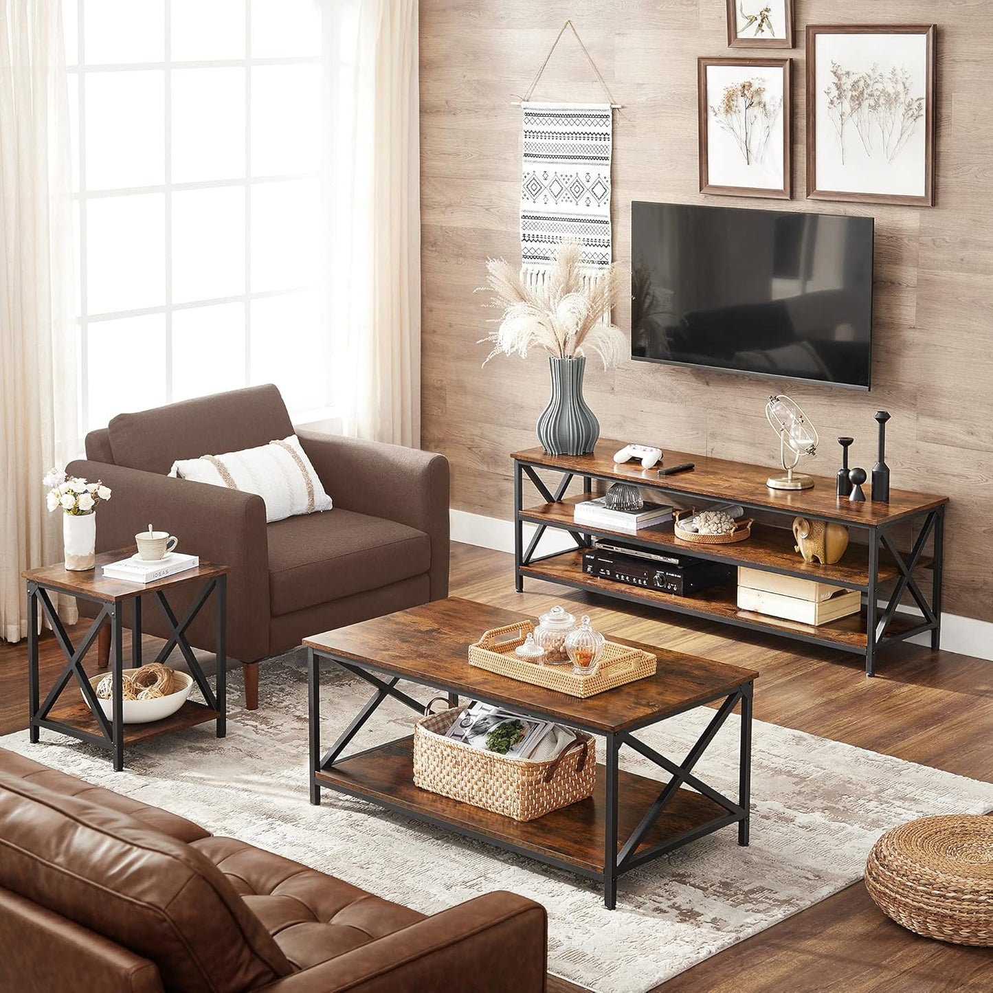 Coffee Table, Cocktail Table with Storage Shelf and X-Shape Steel Frame, Industrial Farmhouse Style