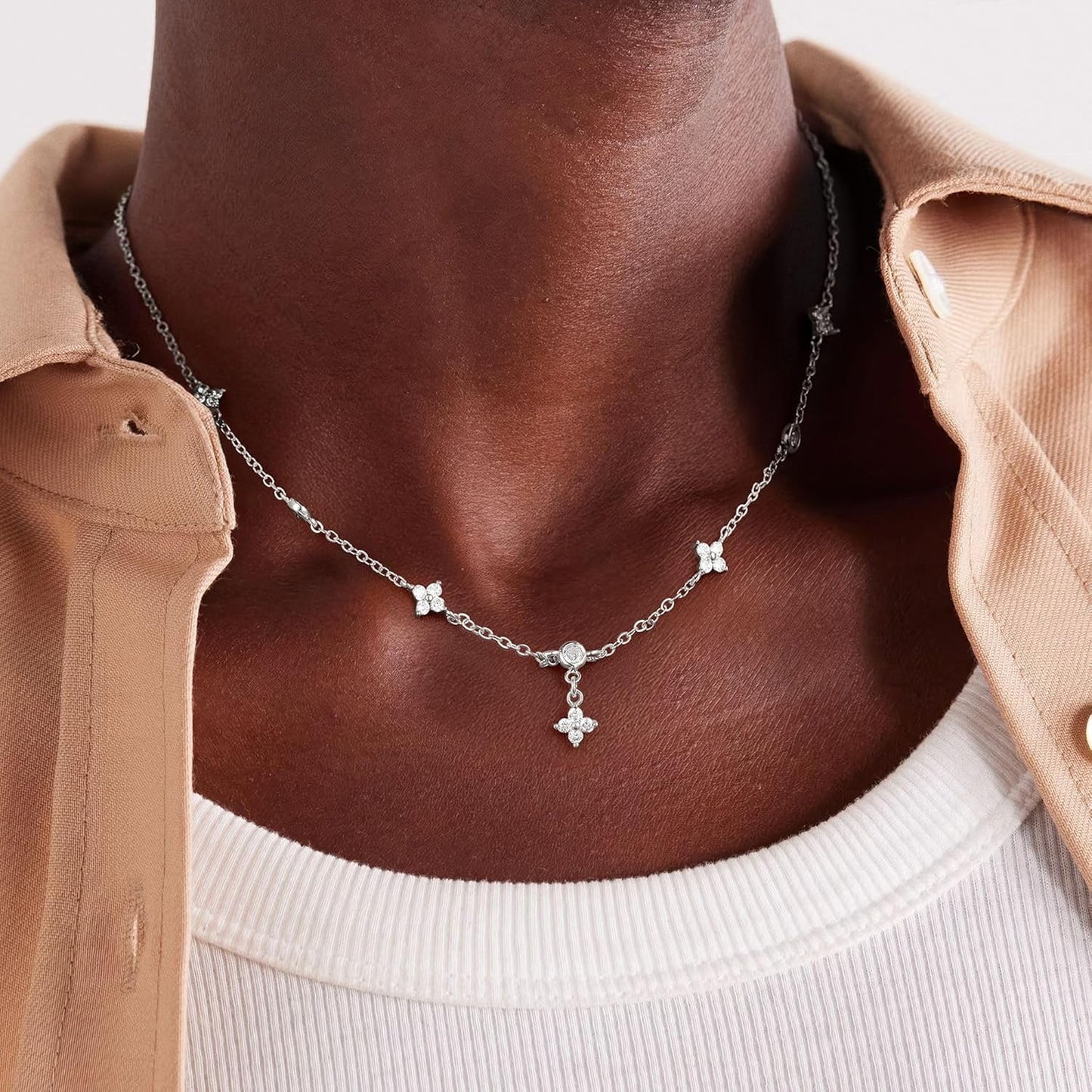 14K Gold Plated Charm Choker Necklace with Pearl & Clover, Cubic Zirconia Dainty Trendy Jewelry Gift for Women