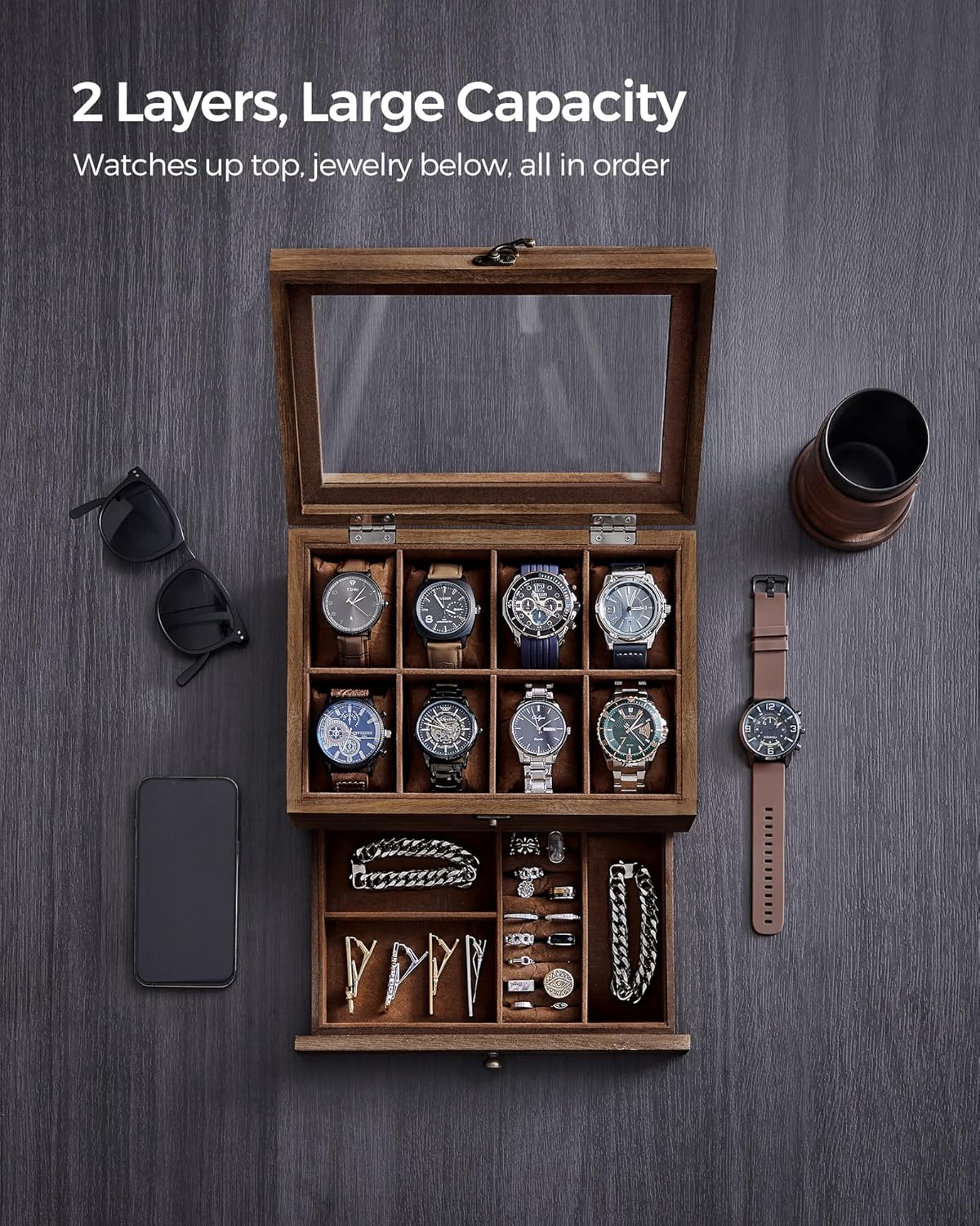 8-Slot Watch Box, 2-Tier Watch Display Case with Large Glass Lid, Removable Watch Pillows