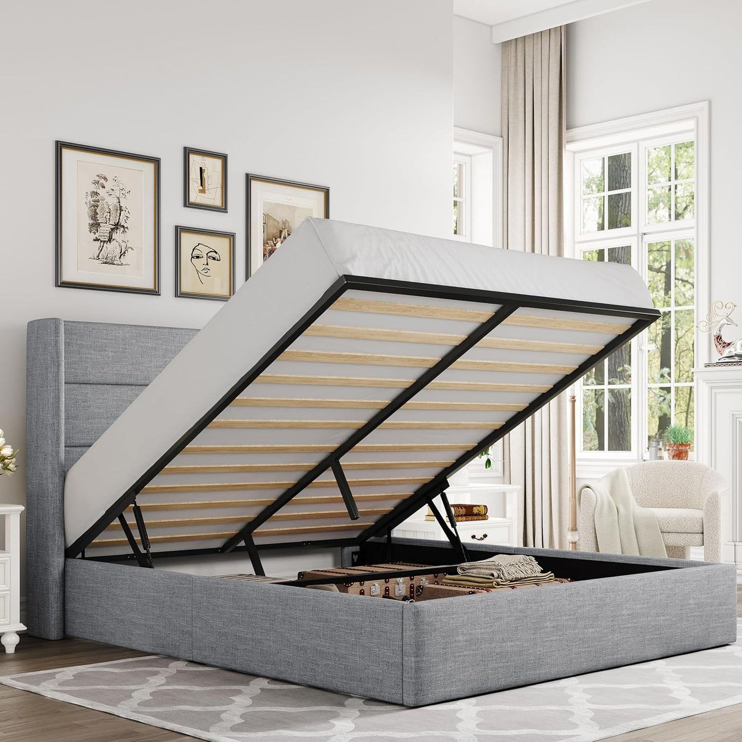 Full Size Lift Up Storage Bed, Modern Wingback Headboard, Hydraulic Support, No Box Spring Needed