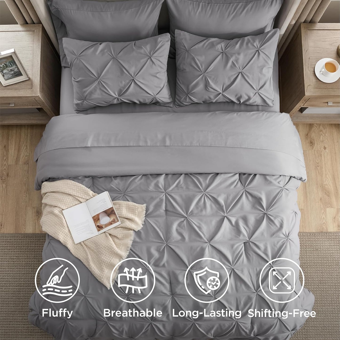 Queen Comforter Set Grey - Bed in a Bag Queen Size Bedding 7 Pieces, GentleSoft邃｢ Pintuck Bed Set Gift for Family, Pinch Pleat All Season Comforter with Sheets, Pillowcases & Shams