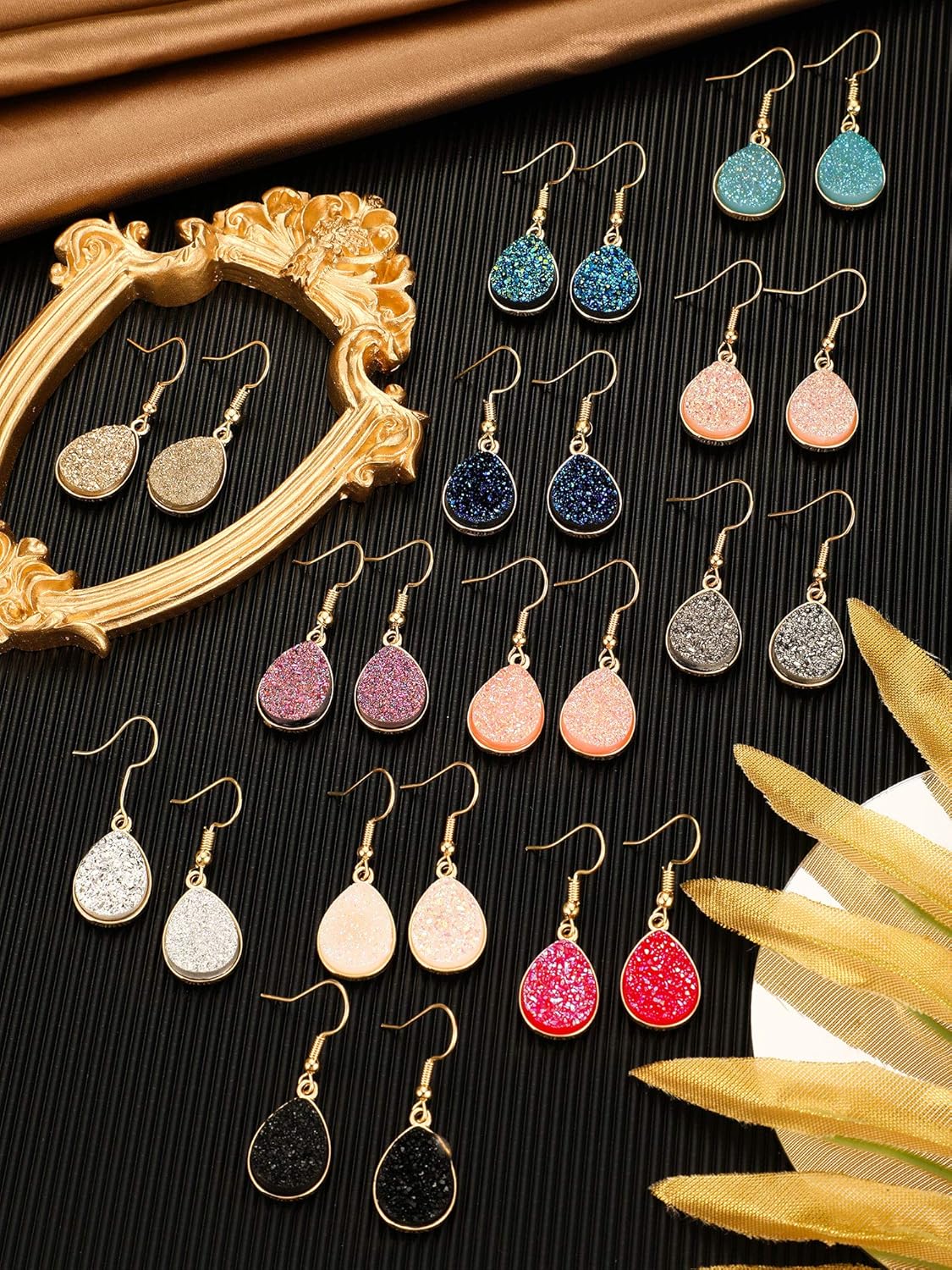 Hicarer 12 Pairs Faux Druzy Drop Earrings Crystal Pendant Dangle Multicolor Stainless Steel Earrings for Women