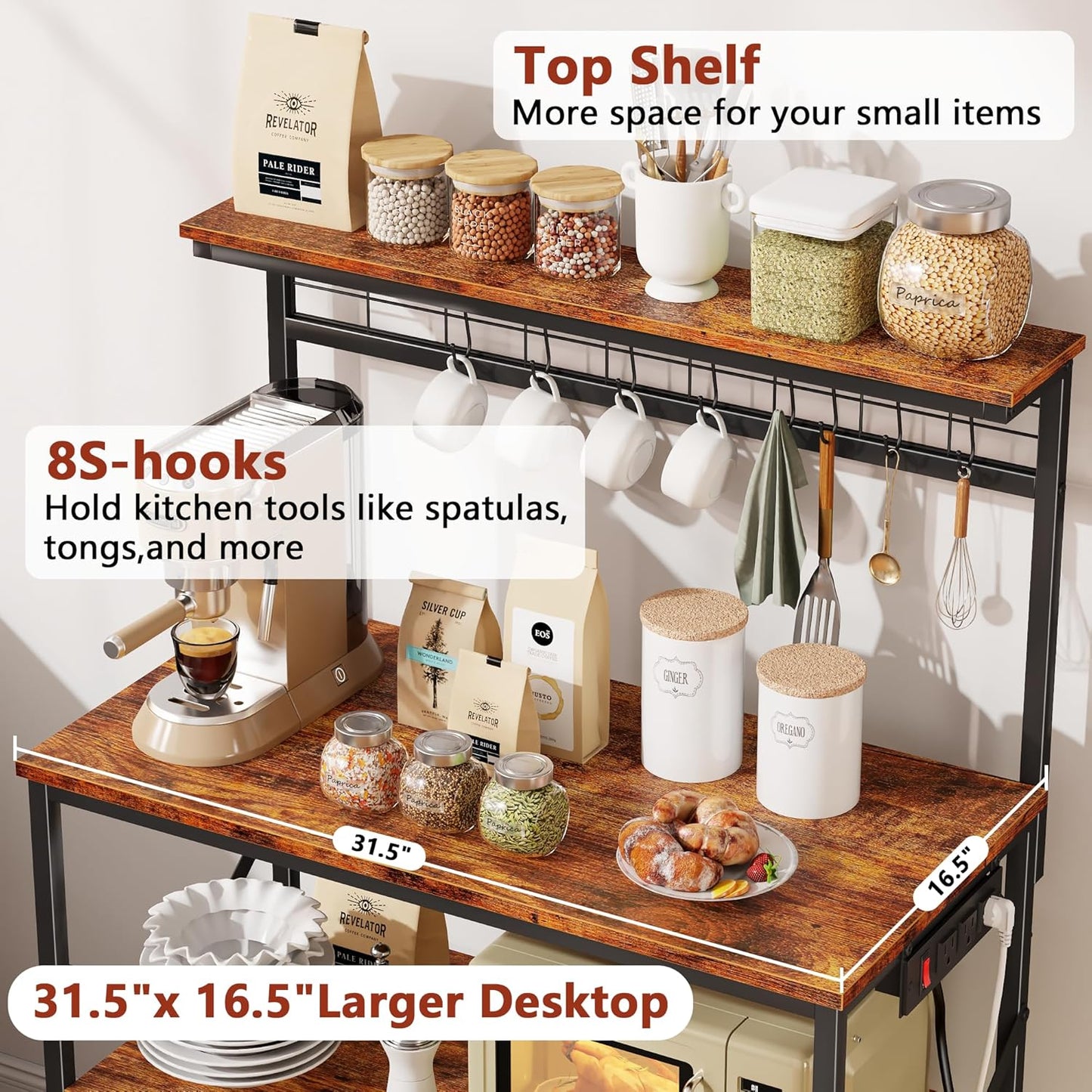 Coffee Bar Station with a 31.5 Inch Larger Desktop and 8 S Hooks,Kitchen Microwave Rack for Spices,Pots