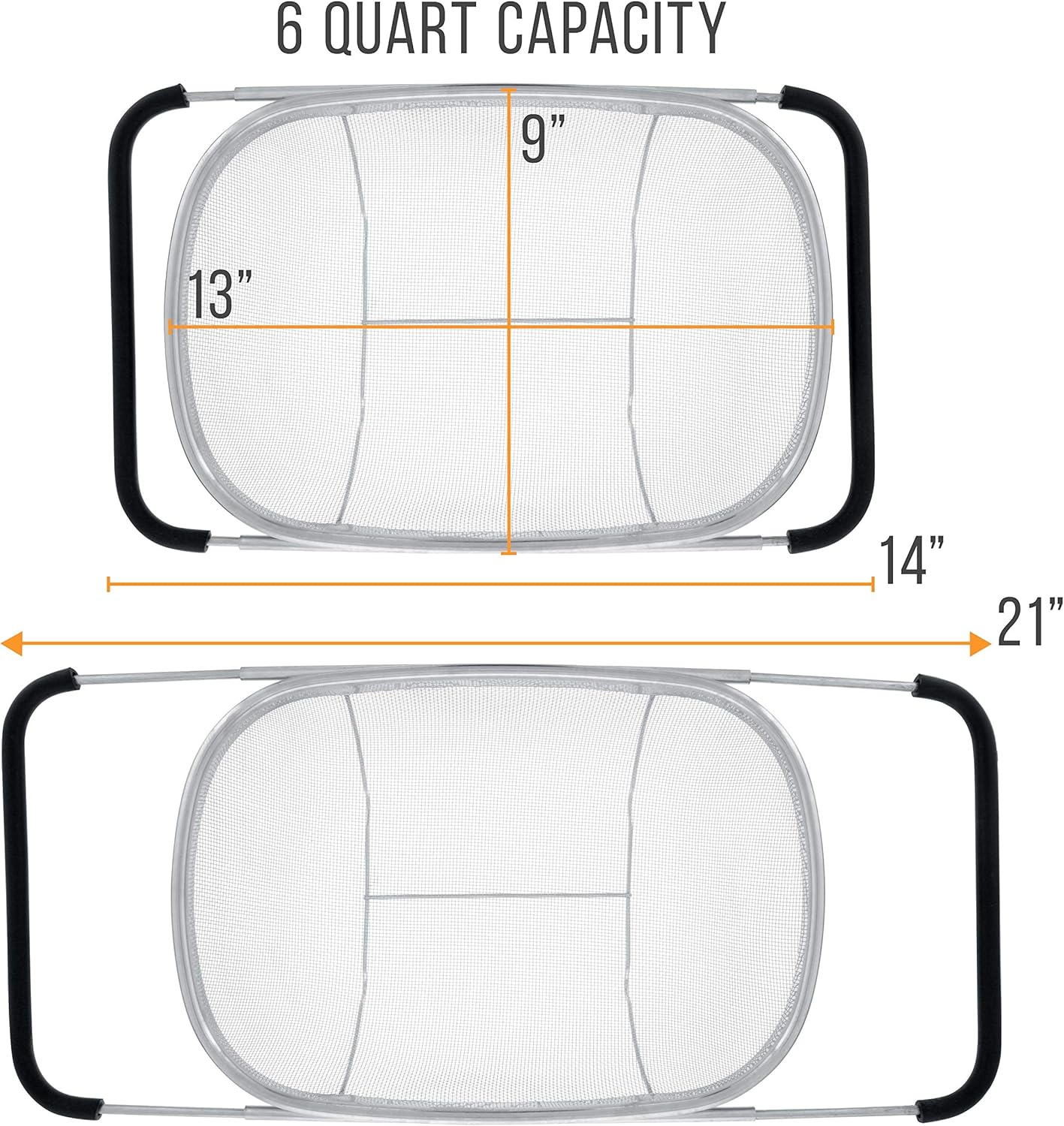 Colander with Expandable Rubber Handles - Rectangular Sieve, Fine Mesh Stainless Steel Strainers and Colanders for Kitchen