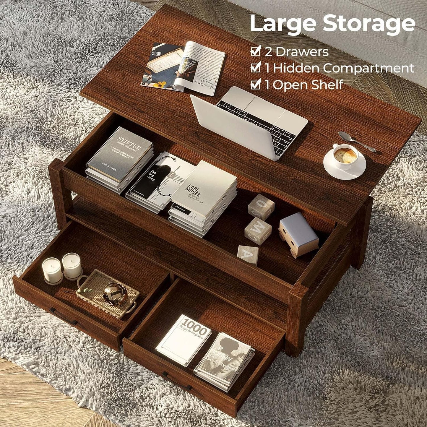 Living Lift Top Coffee Table with Drawers and Hidden Compartment, Retro Central Table with Wooden Lift Tabletop