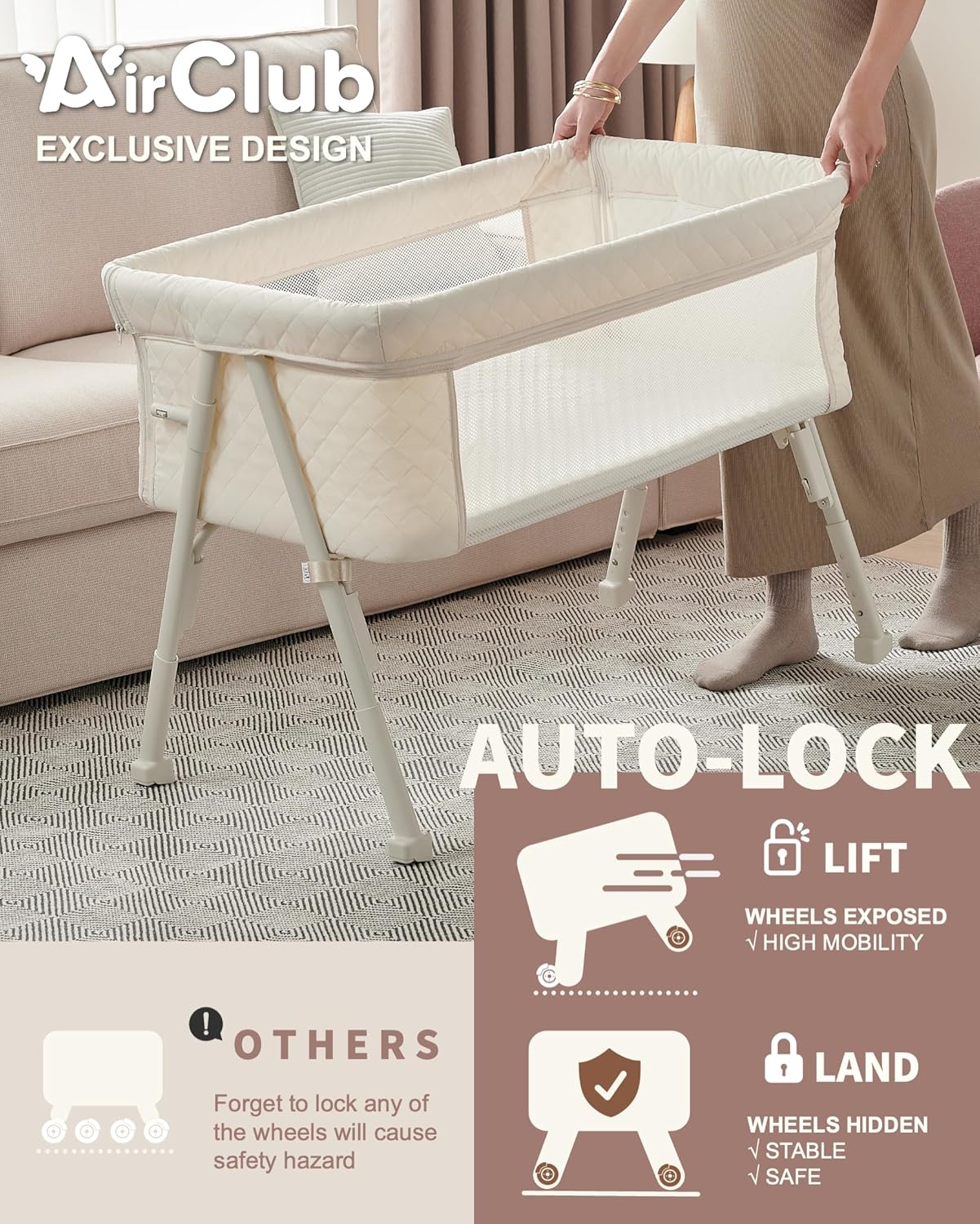 Bassinet Bedside Sleeper,  Baby Sleeper with 4 Auto-Lock & Adjustable Height, Breathable Mesh & Mattress