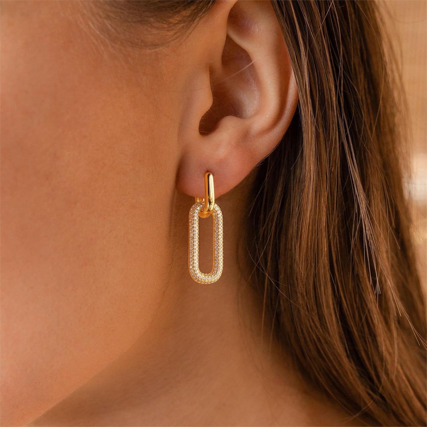 Gold Earrings for Women Trendy, Simple Dainty 14K Gold Plated Paperclip Square Chain Link Dangle Pin Stud Huggie Earrings Lightweight