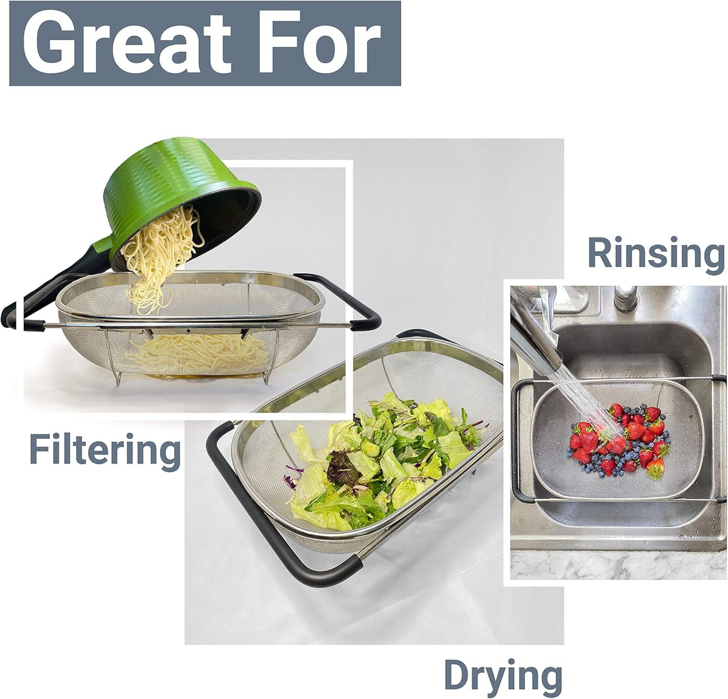 Over the Sink Colander Strainer Basket Stainless Steel, For Kitchen Sink with Rubber Grip, Fine Mesh, Large Kitchen Gadgets Tools