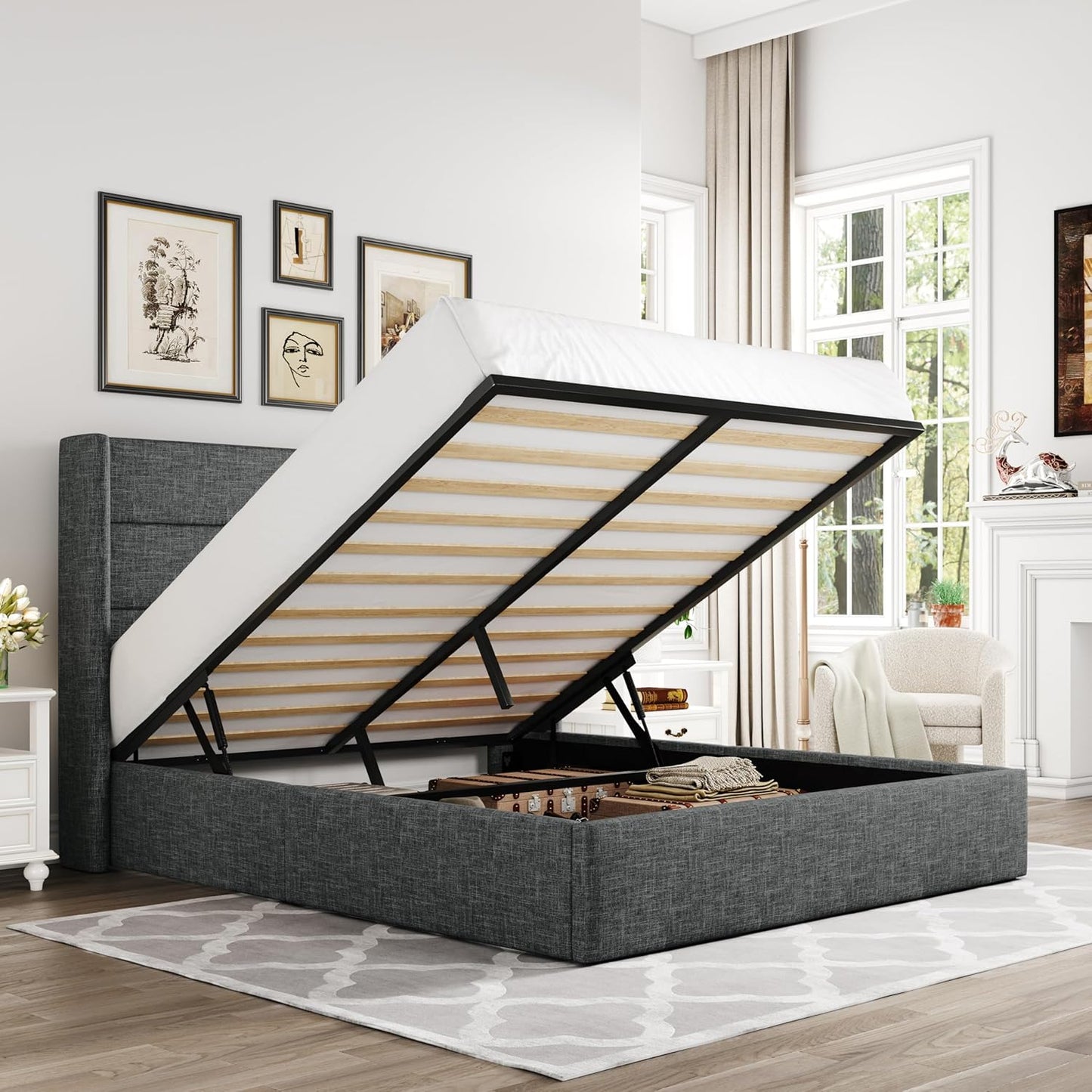 Full Size Lift Up Storage Bed, Modern Wingback Headboard, Hydraulic Support, No Box Spring Needed