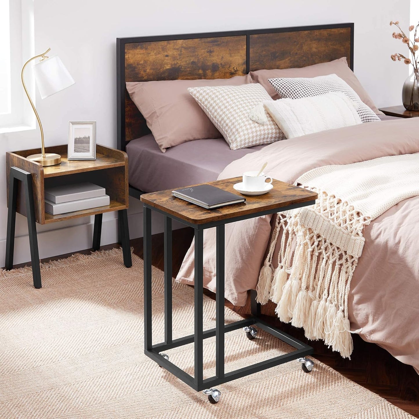 C Shaped TV Tray with Metal Frame Rolling Casters, Industrial Side Table for Living Room Bedroom
