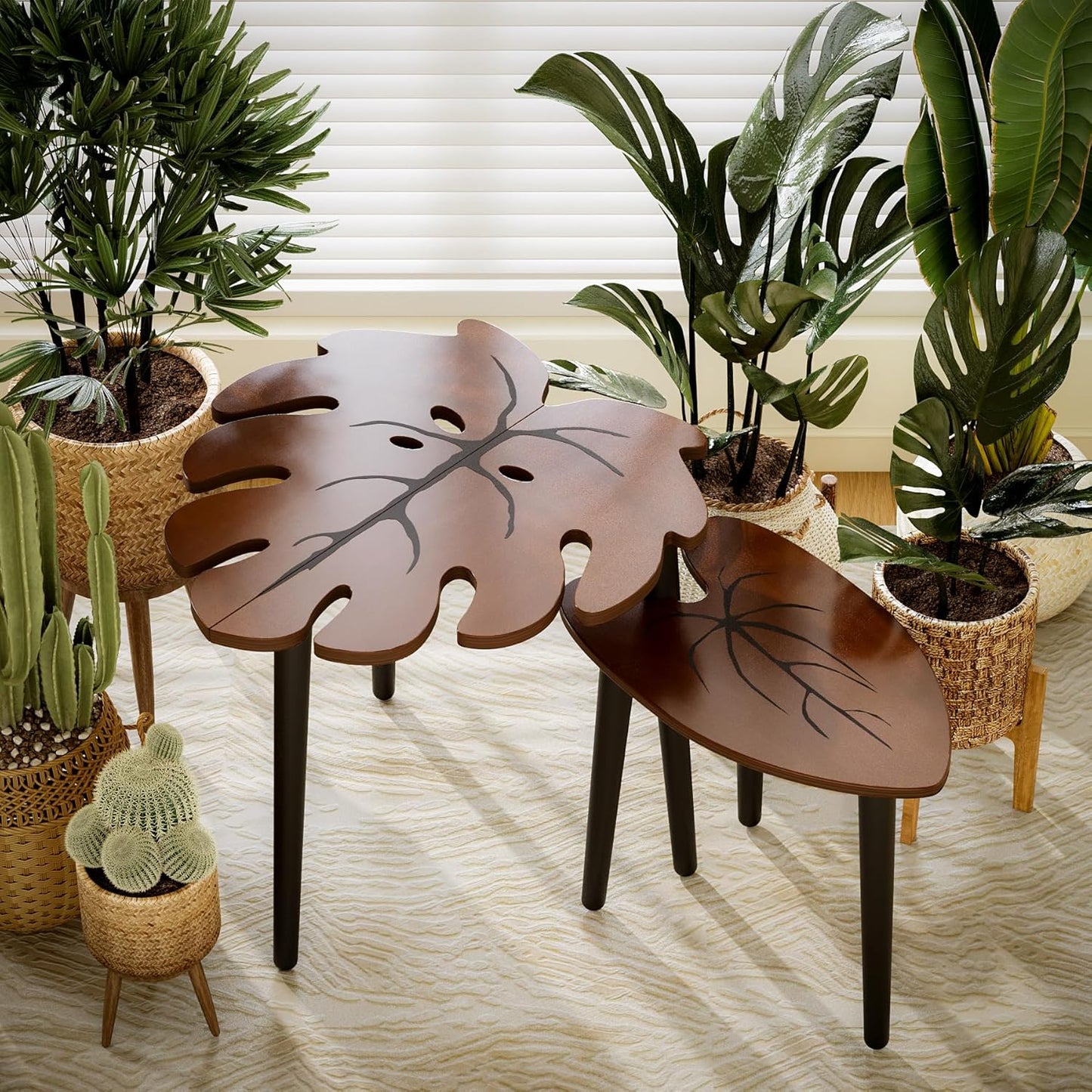 Monstera Leaf Nesting Tables Set of 2, Small Coffee Table Set with Leaf Vein Pattern, Modern Wooden Side Tables