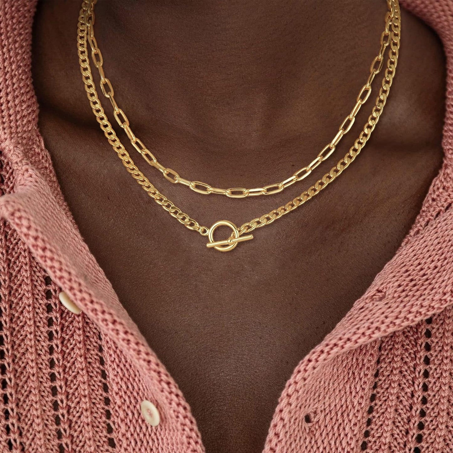 Gold Layered Necklaces for Women,14K Dainty Gold Chain Necklace Women Trendy Cuban Link Chain Toggle Clasp Necklace Fashion Chunky Jewelry for Women