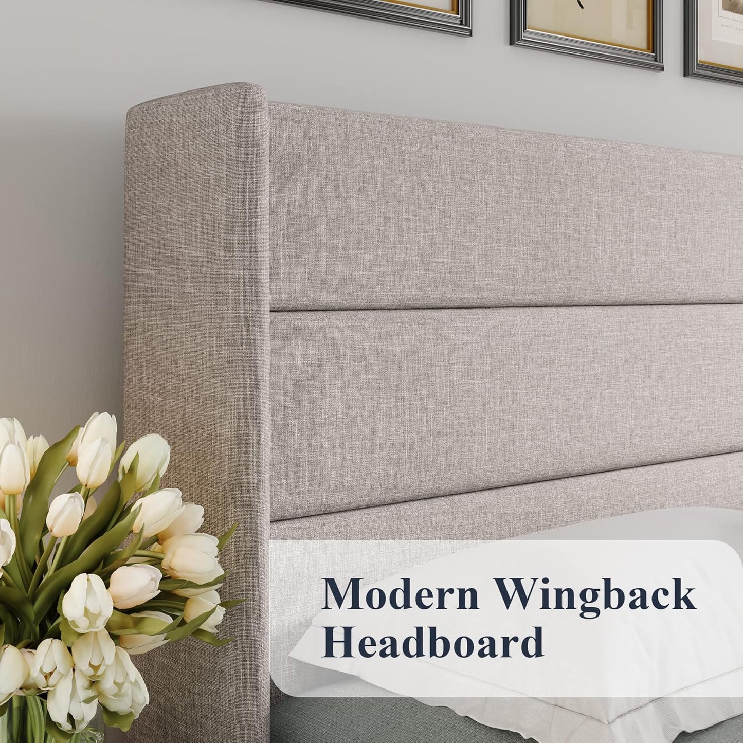 Queen Size Lift Up Storage Bed, Modern Wingback Headboard, Hydraulic Support, No Box Spring Needed