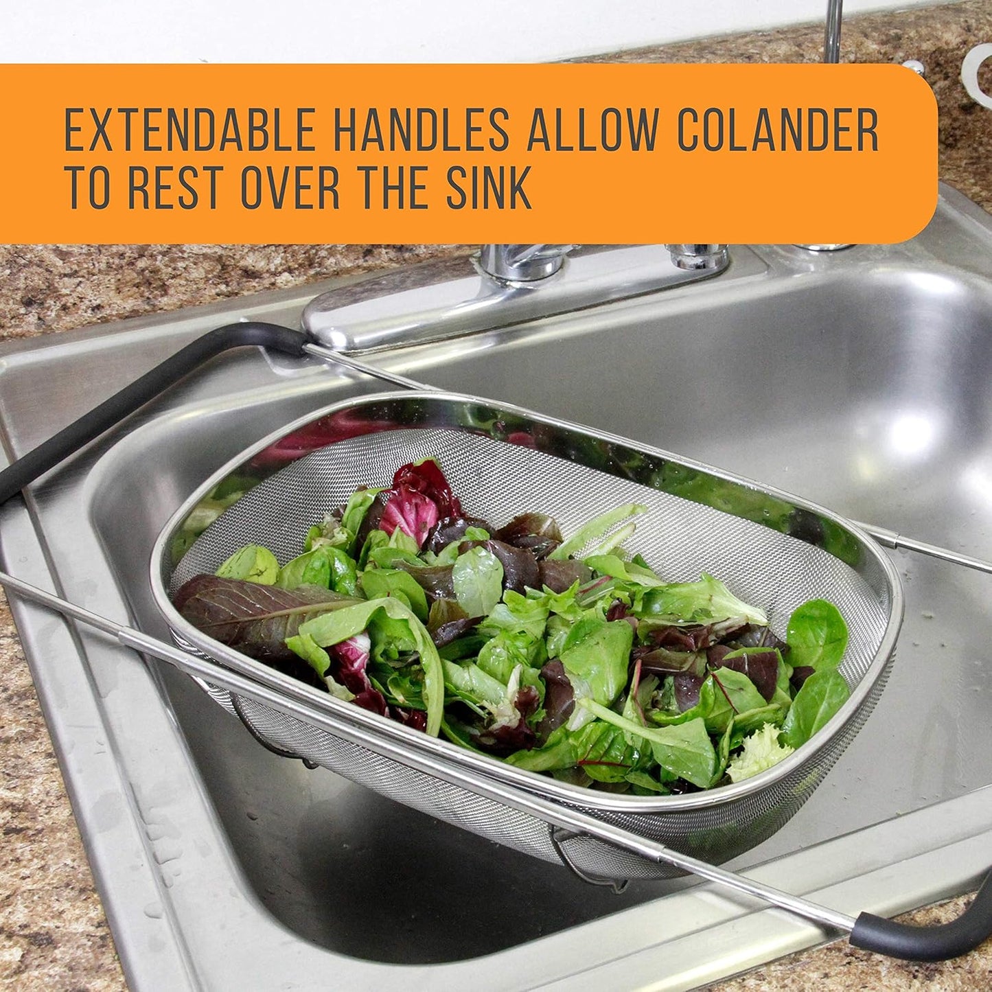 Colander with Expandable Rubber Handles - Rectangular Sieve, Fine Mesh Stainless Steel Strainers and Colanders for Kitchen
