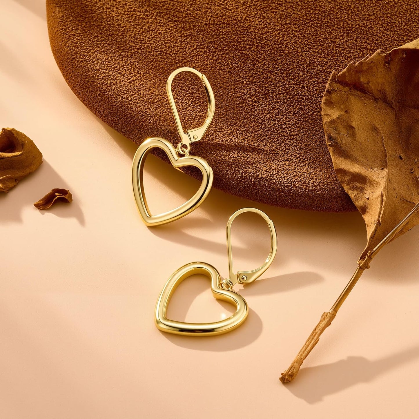 Sterling Silver Heart Earrings for Women 14K Gold Plated Openwork Love Heart Dangle Earrings Drop Leverback Huggie Hoop