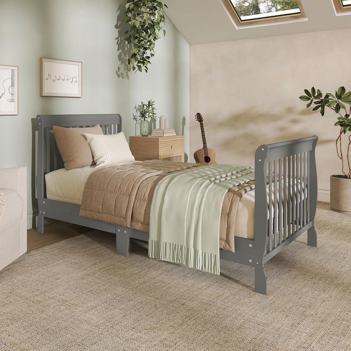 5-in-1 Convertible Full-Size Baby Crib in, Pinewood, 4 Mattress Heights, Converts to Toddler, Day & Full-Size Bed