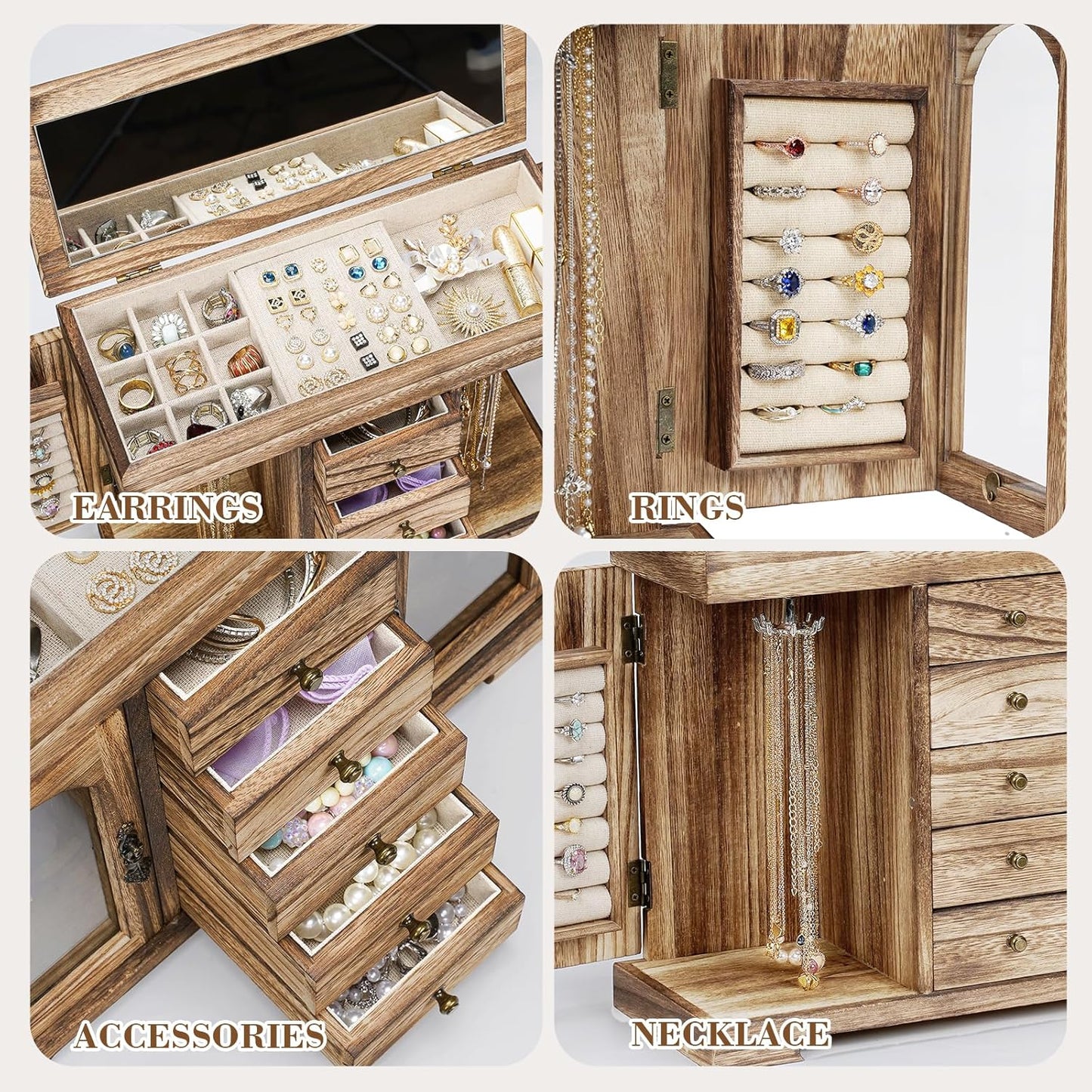 5 Layer Jewelry Storage Case Display, Rustic Wooden Jewelry Organizer Box with Mirror