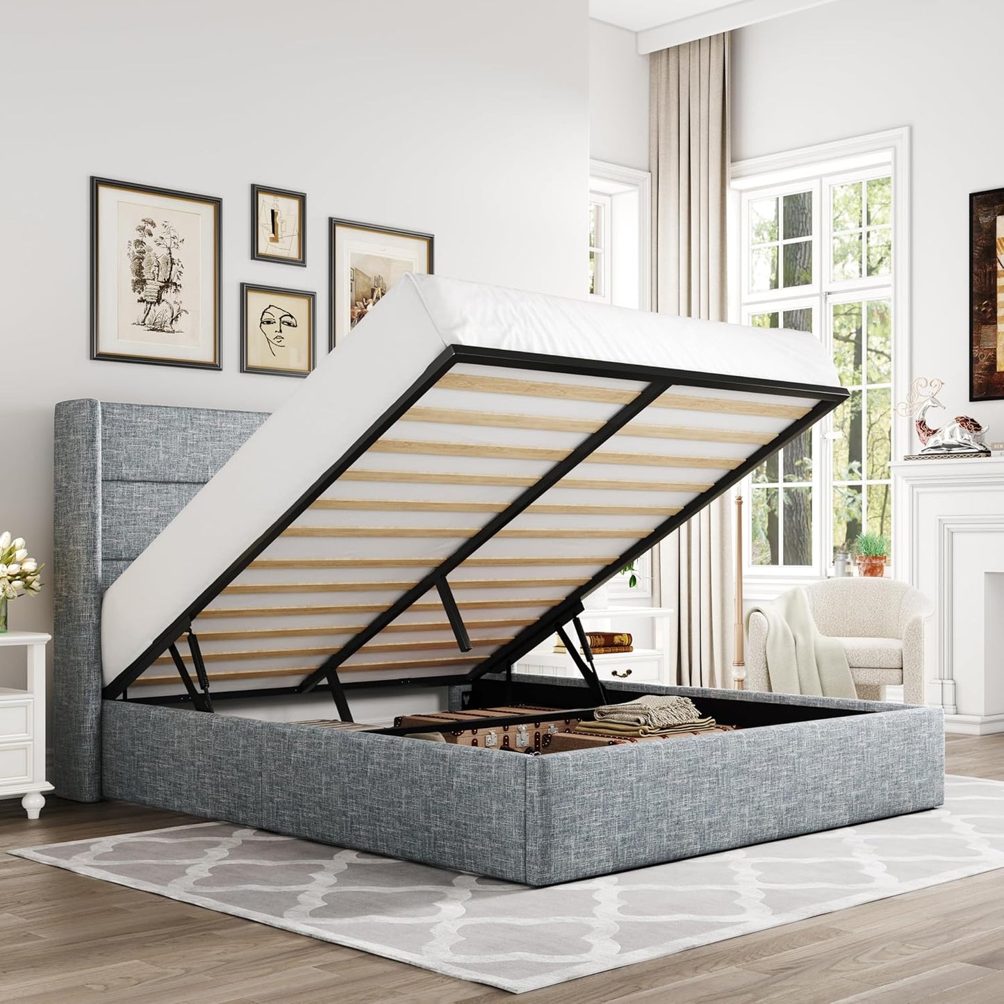 Queen Size Lift Up Storage Bed, Modern Wingback Headboard, Hydraulic Support, No Box Spring Needed