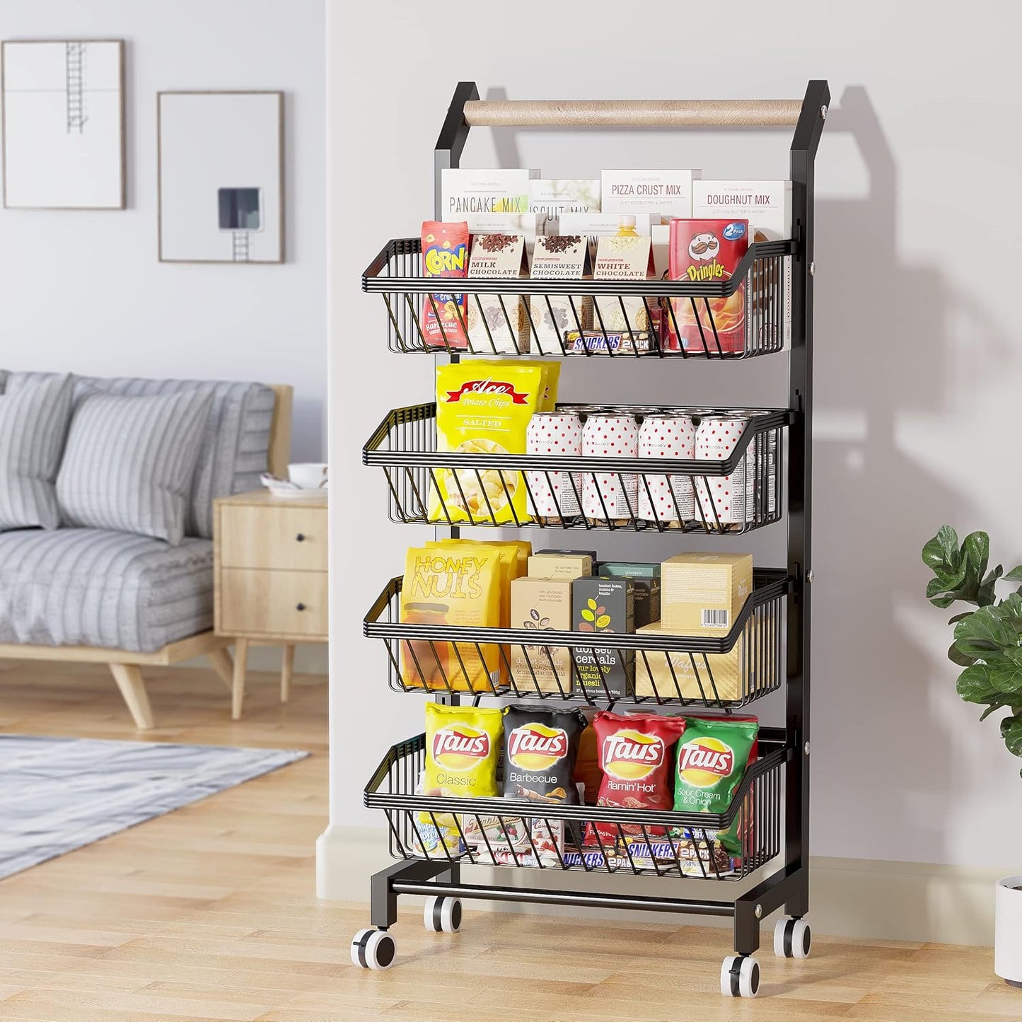 Snack Cart with Wheels 4-Tier Adjustable Fruit Rack Fruit Vegetable Basket Cart Metal  Utility Kitchen Cart