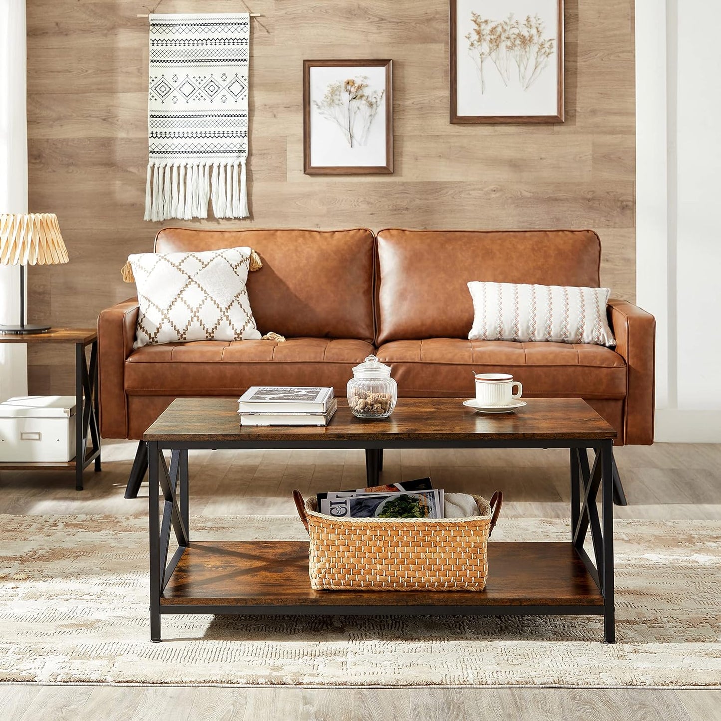 Coffee Table, Cocktail Table with Storage Shelf and X-Shape Steel Frame, Industrial Farmhouse Style