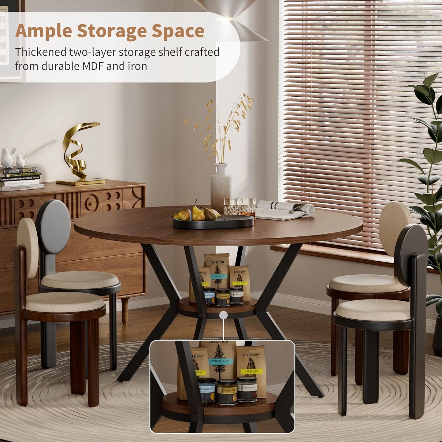 42" Round Dining Table for 4, Farmhouse Kitchen Table with Storage, Space Saving Circle Dinner Table