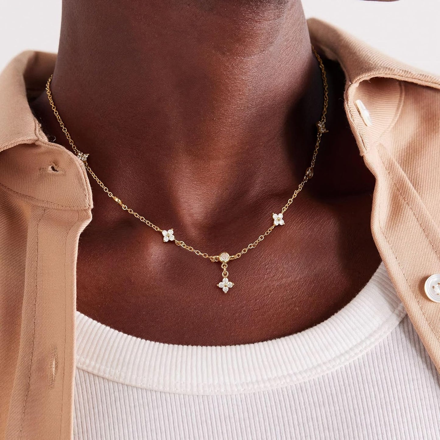 Women's Charm Cluster Choker Necklace - Clover, Heart, Pearl, Butterfly & Star Flower 14K Gold Plated, Cubic Zirconia, Adjustable Trendy Gift
