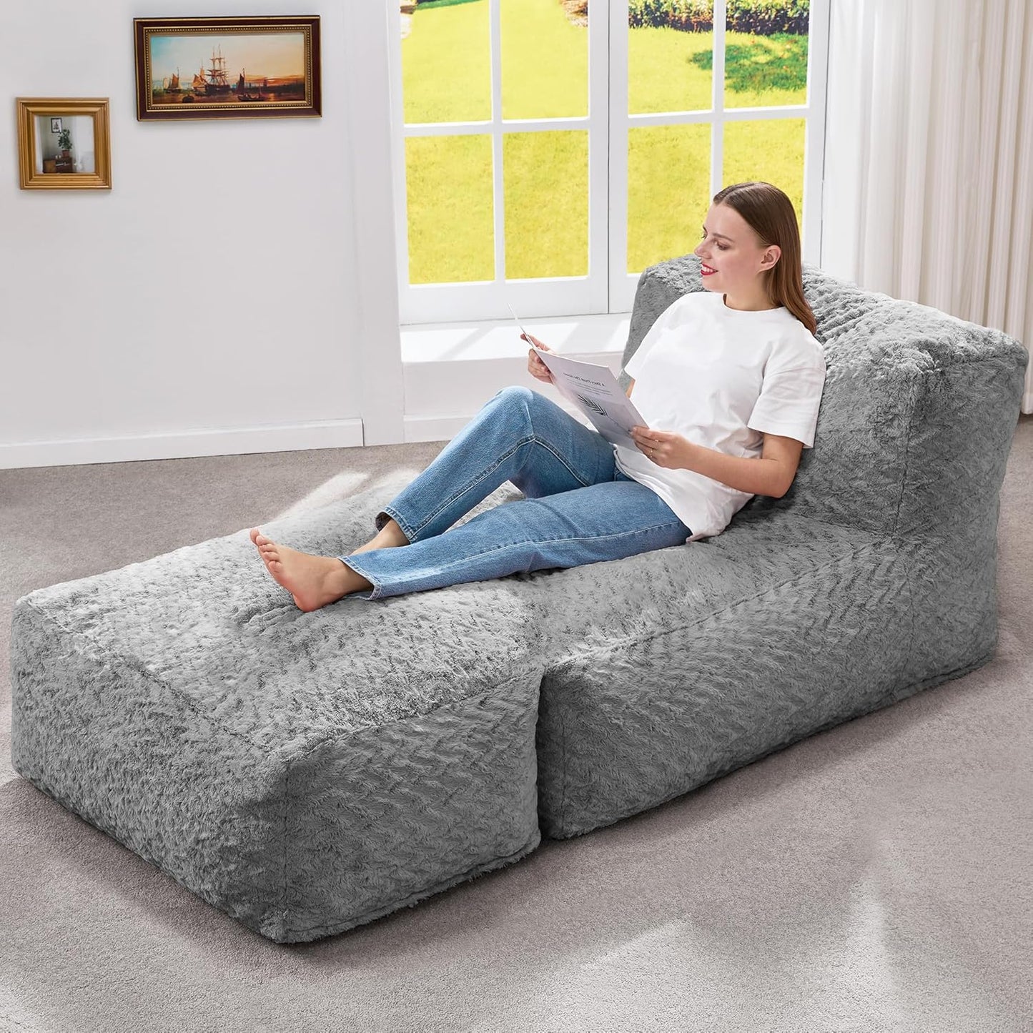 Large Bean Bag Lounger Chair with Memory Foam Filling - Comfortable Beanbag Sofa for Adults, Ideal Balcony