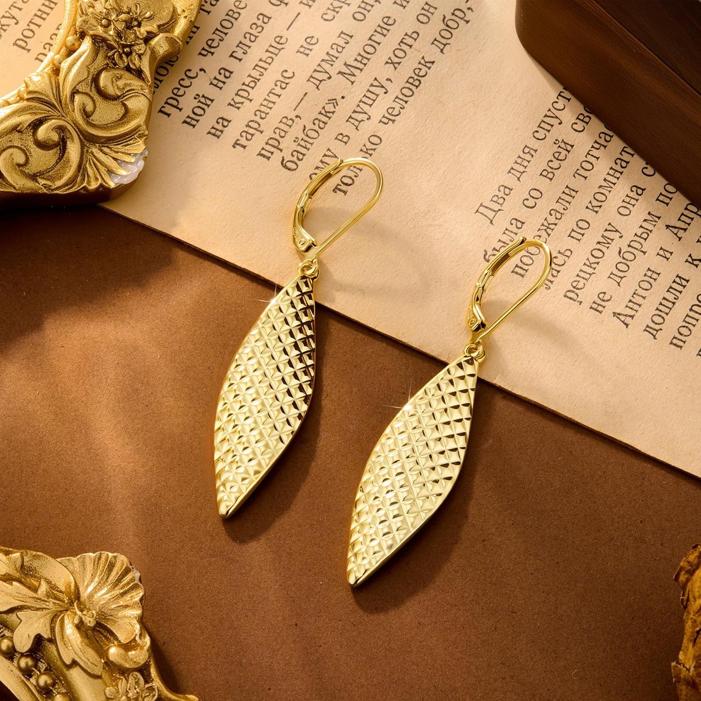 14K Gold Long Dangle Earrings for Women,Sterling Silver Drop Leverback Earrings Trendy Hypoallergenic Gold Hammered