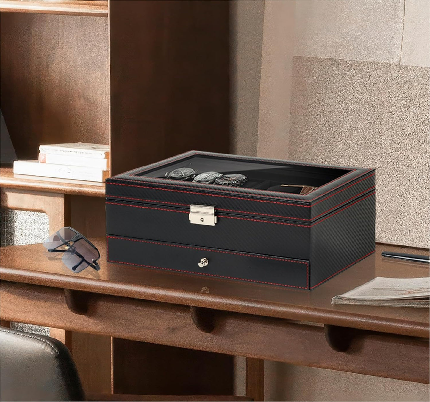 6-Slot 2-Layer Watch Case and Sunglasses Storage with Large Glass Lid, Men's Jewelry Box with Lock