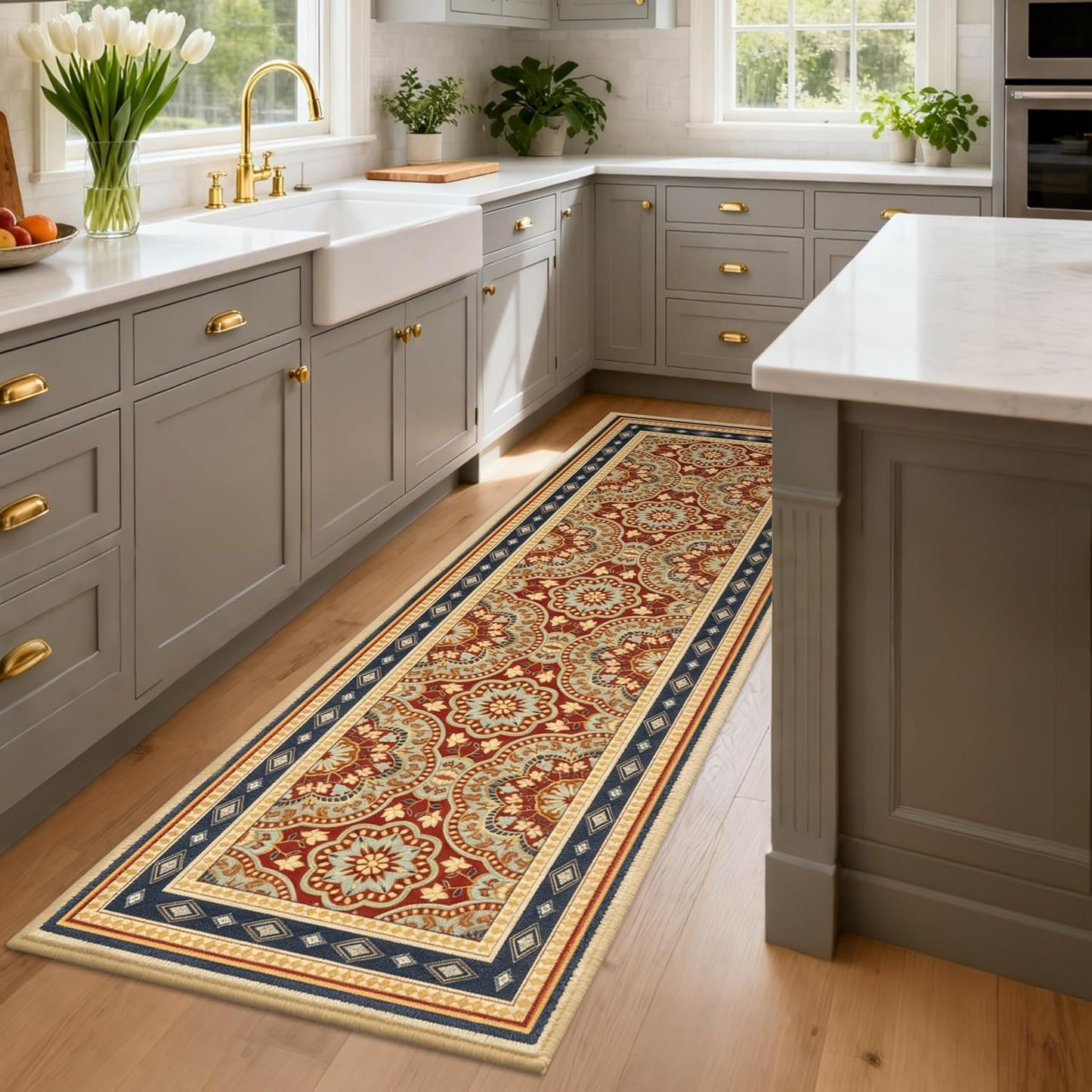 Washable 2x6 Runner Rug, Soft Boho Kitchen Hallway Runner Rug TPR Non-Slip Low Pile Farmhouse Floor Mat for Bathroom Laundry Bedroom Burgundy
