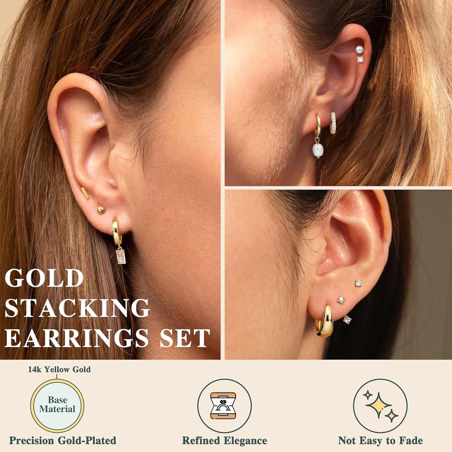 13 Pairs Small Gold Hoop Earrings Set for Women 14K Gold Plated Lightweight Huggie Hoops Pearl Dainty Stud Hoop
