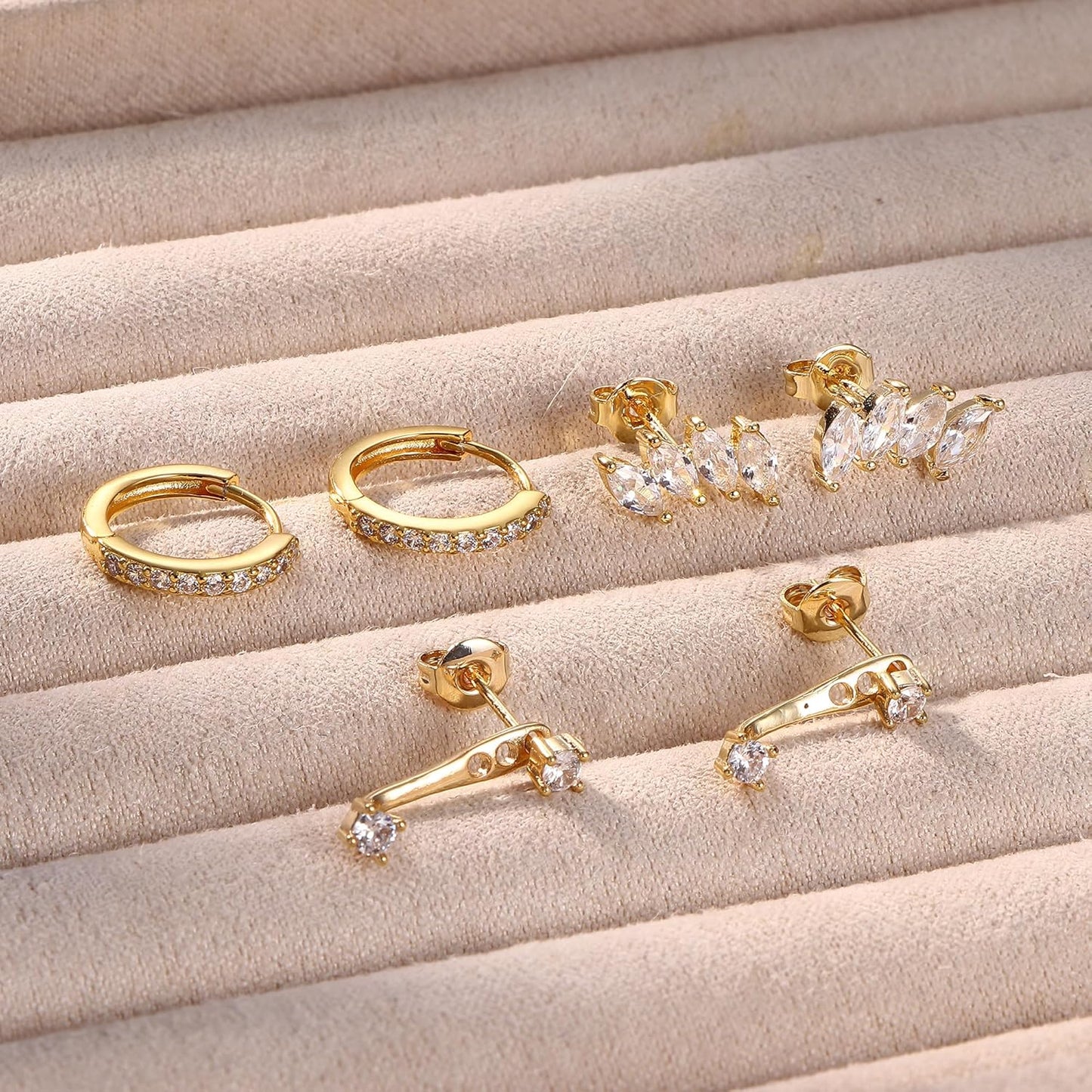 3Pairs 925 Sterling Silver, 14K Gold Plated Small Huggie Hoop Earrings Sets for Multiple Piercing CZ Cartilage Earrings Stacks