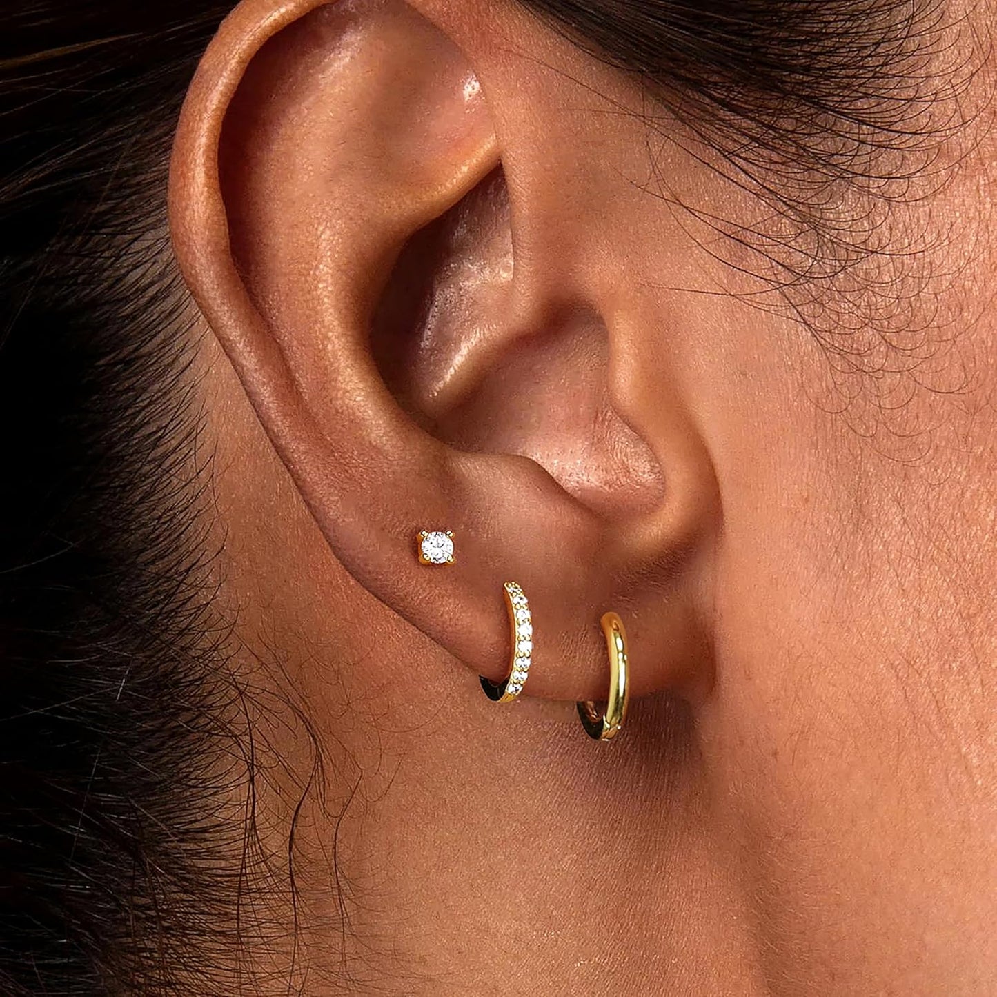 Small Sterling Silver Huggie Hoop Earrings Set for Women, 14K Gold Plated Hoops Stacks for Multiple Piercings