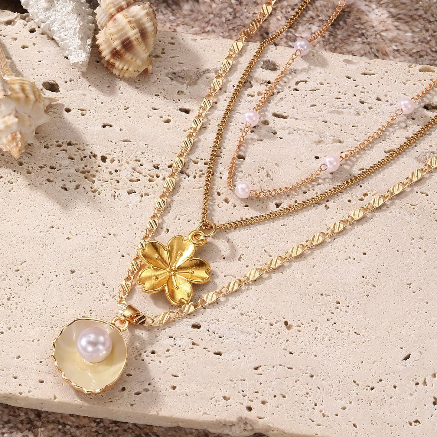"14K Gold Plated Shell Necklace, Layered Conch & Starfish Pendant, Boho Beach Jewelry for Women, Summer Vacation Necklace, Trendy Coastal Charm"