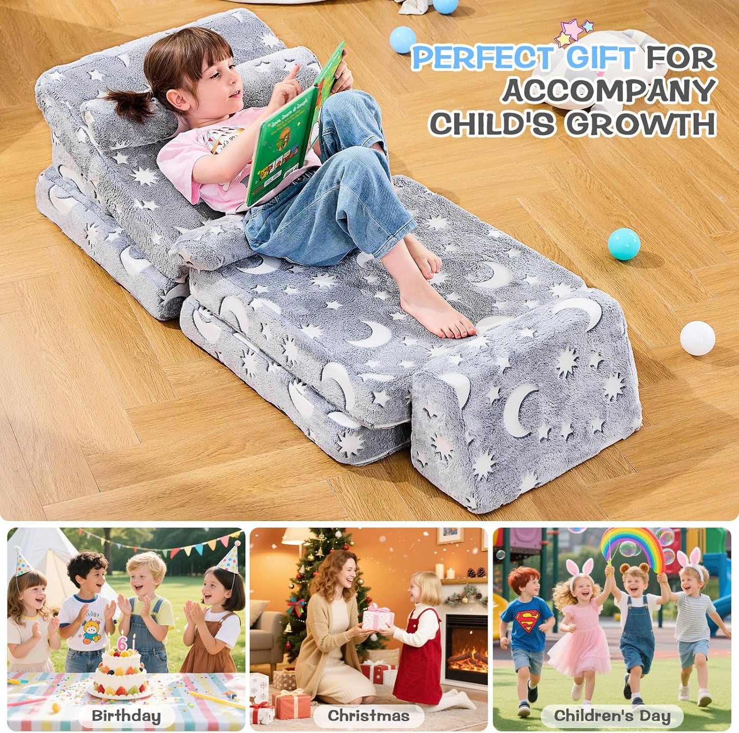 Modular Kids Sectional,Bedroom and Playroom Furniture,Convertible Foam and Floor Cushion ,Glow in The Dark