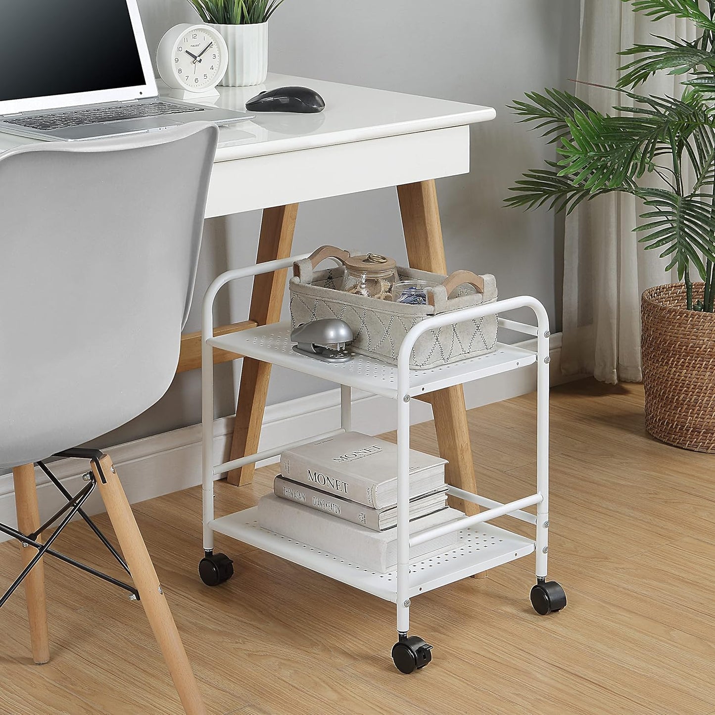 2-Tier Metal Rolling Utility Cart – Mobile Storage Shelf with Caster Wheels – Small Space Organizer