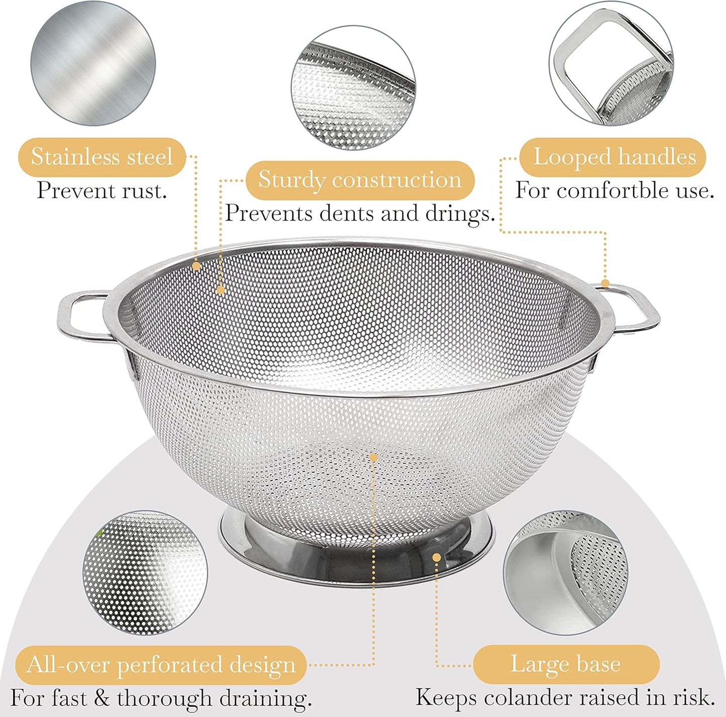 18/8 Pasta Strainer Bowl for Pasta, Spaghetti, Vegetables, Fruit, and Pot Draining - Stainless Steel Colander