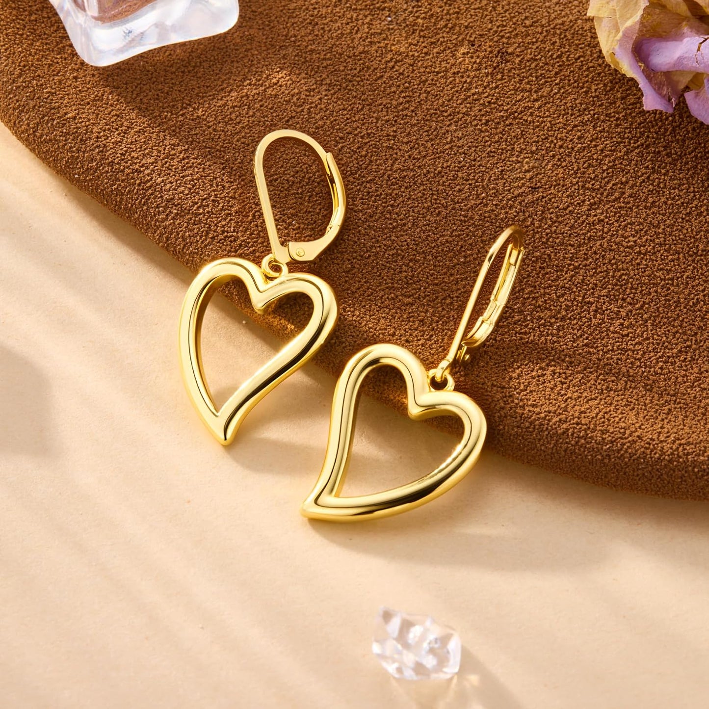 Sterling Silver Heart Earrings for Women 14K Gold Plated Openwork Love Heart Dangle Earrings Drop Leverback Huggie Hoop