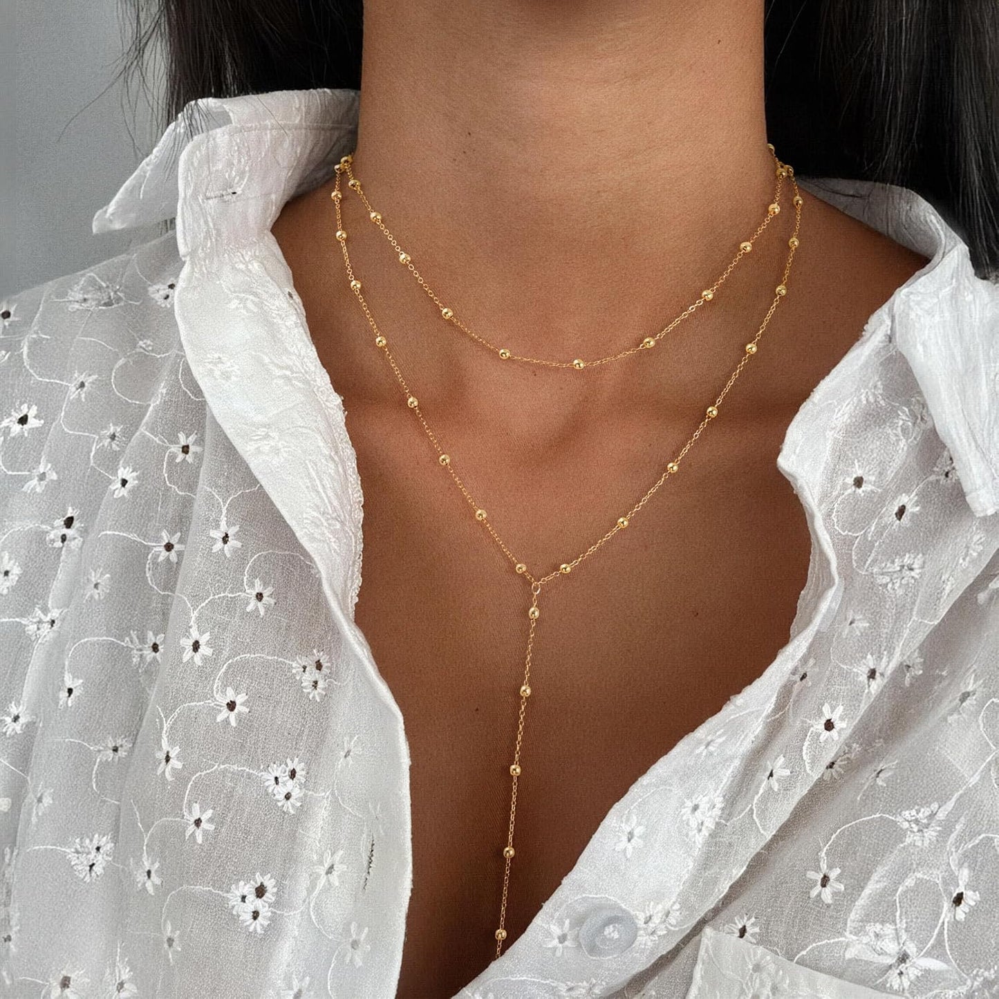 Dainty Y-Shape Lariat Body Chain: 14K Gold Plated Non-Tarnish Layered Necklace & Choker Set for Women