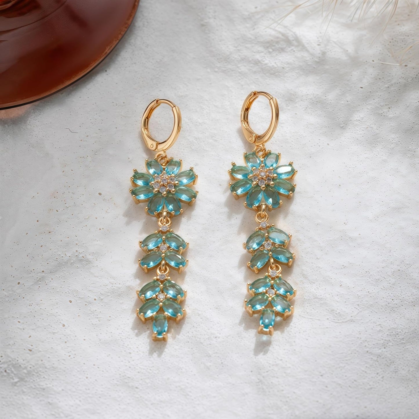 Vuskdtei18K Gold Plated Flower Dangle Earrings for Women, Hypoallergenic Cubic Zirconia Earrings, Elegant Chandelier Drop Earrings
