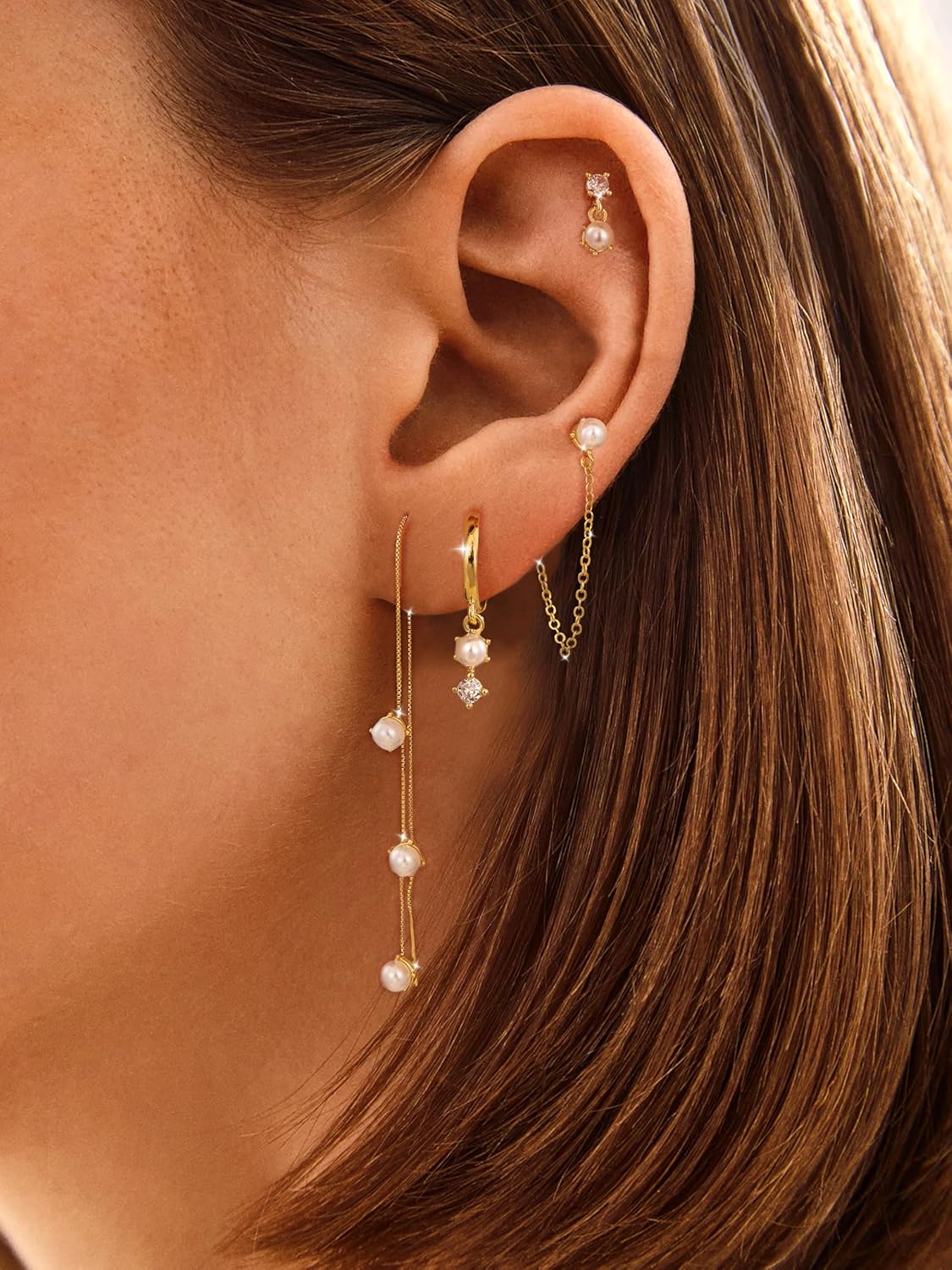 Pearl Dangle Hoop Earrings for Women - Dainty14K Gold Plated Small Drop Chain Hoops Trendy Earring Sets for
