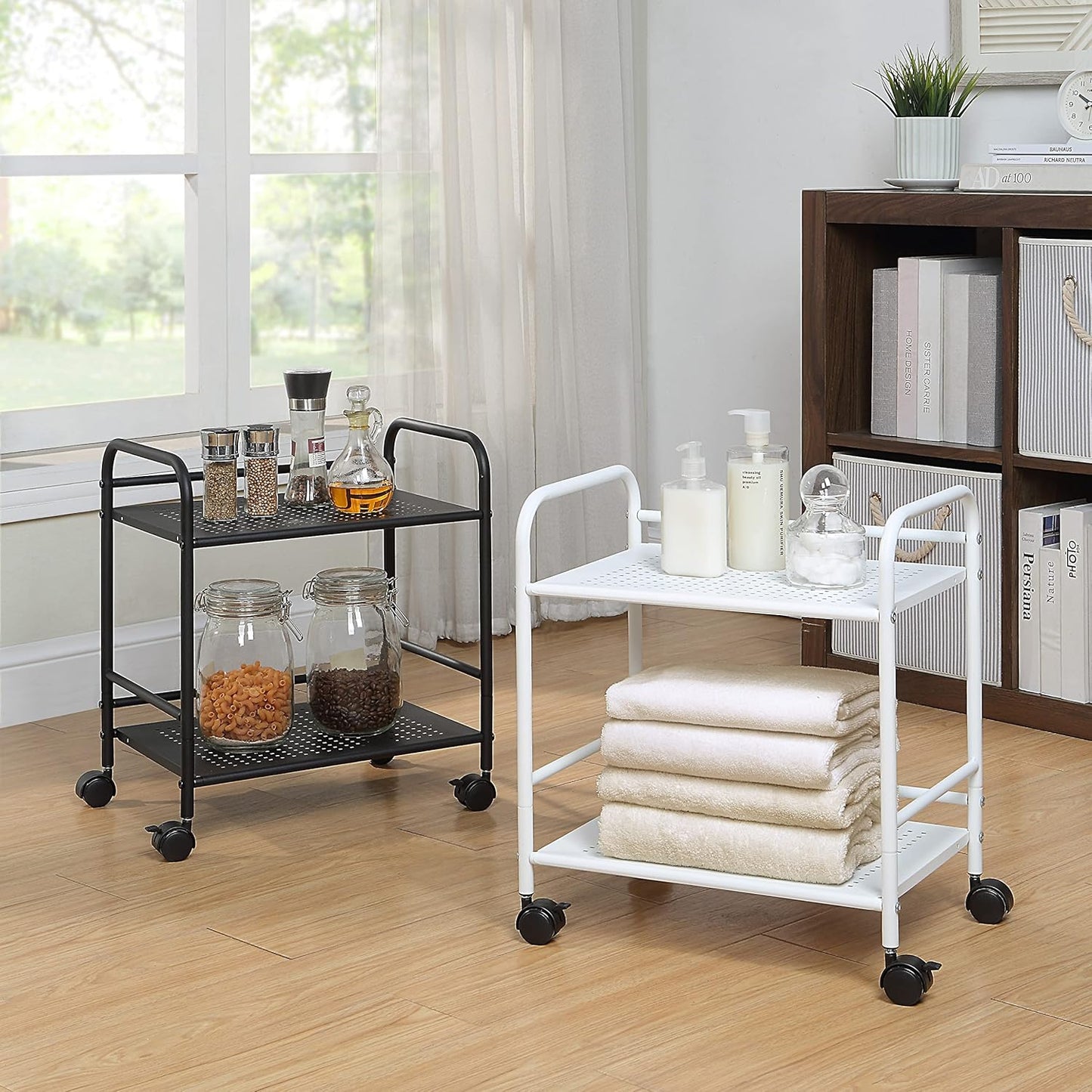 2-Tier Metal Rolling Utility Cart – Mobile Storage Shelf with Caster Wheels – Small Space Organizer
