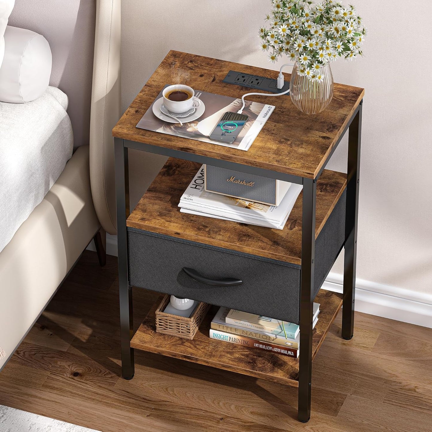 Nightstand with Charging Station, Bed Side Table with Adjustable Fabric Drawer, 3-Tier Storage